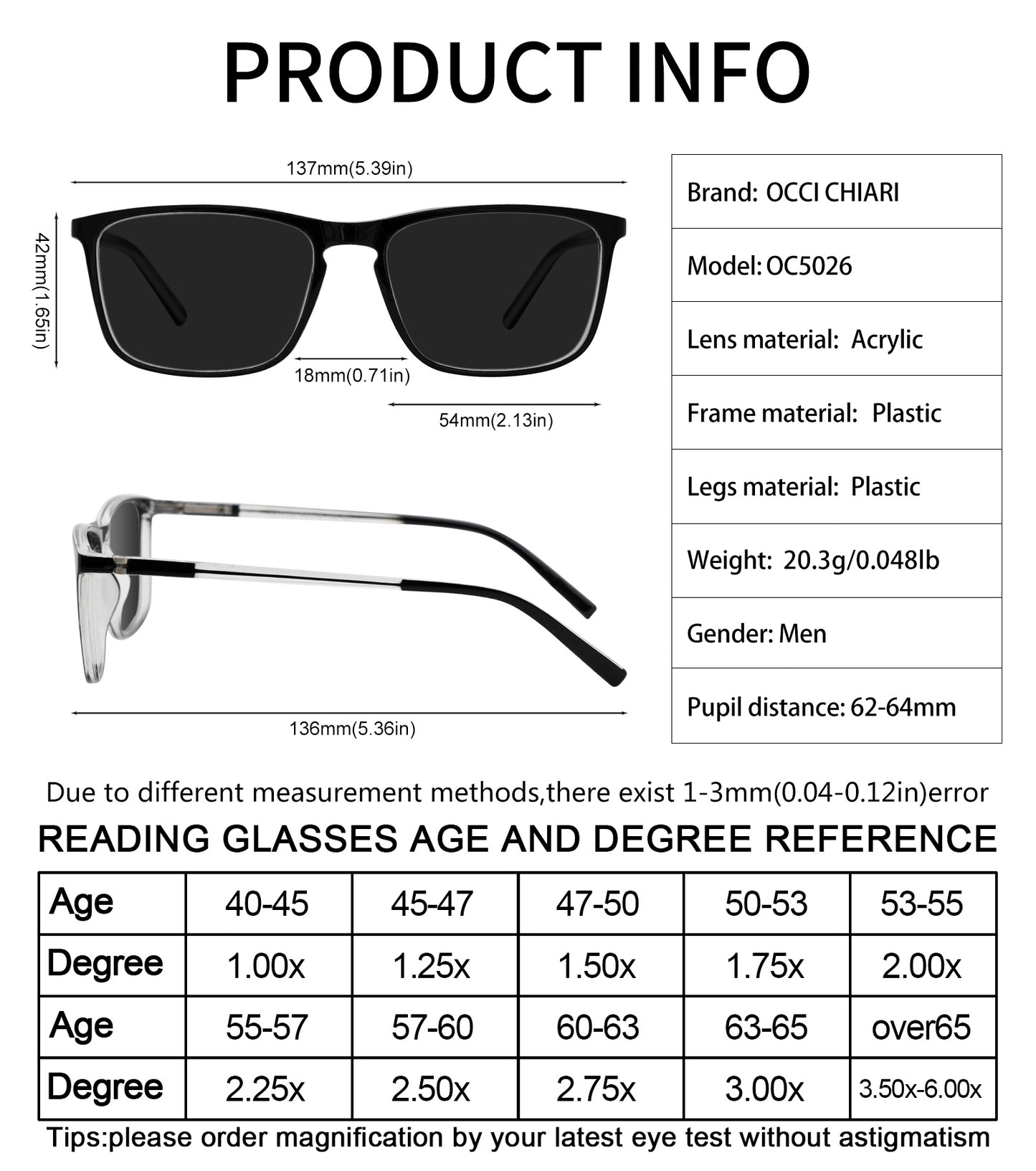 OCCI CHIARI Reading Sunglasses for Men Wide Sun Glasses Readers Outdoor UV400(1.0 1.25 1.5 1.75 2.0 2.25 2.5 2.75 3.0 3.5)