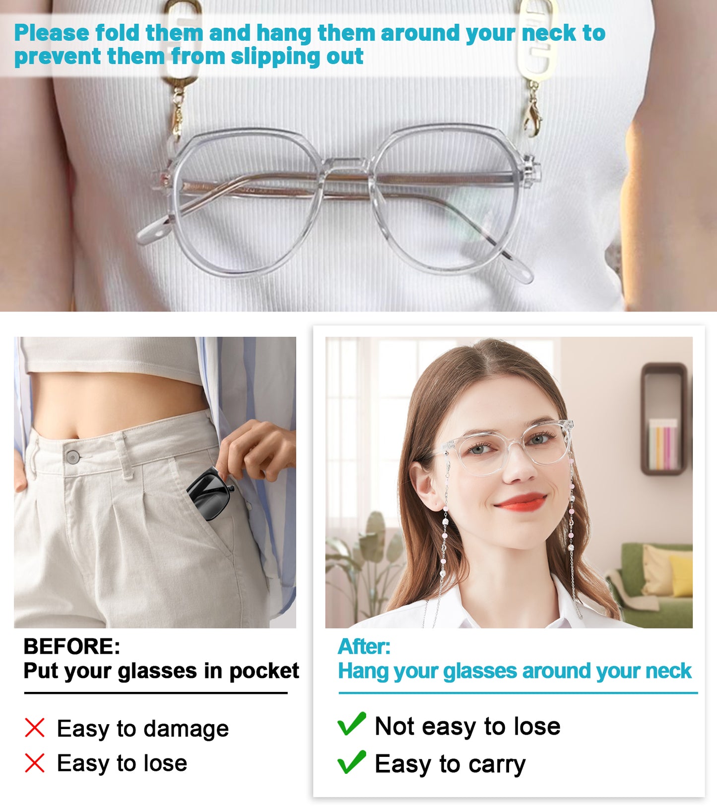 OCCI CHIARI Eyeglass Chain Eye Glasses Strap Holders For Women around Neck Lanyar