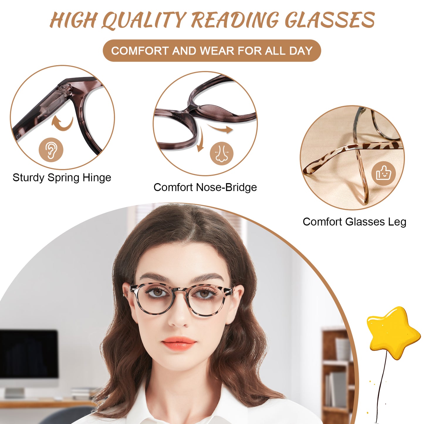 OCCI CHIARI Ladies Reading Glasses for Round Women 1.0+ Spring hinge Comfort Readers(1.0 1.25 1.5 1.75 2.0 2.25 2.5 2.75 3.0 3.5 4.0 5.0 6.0)