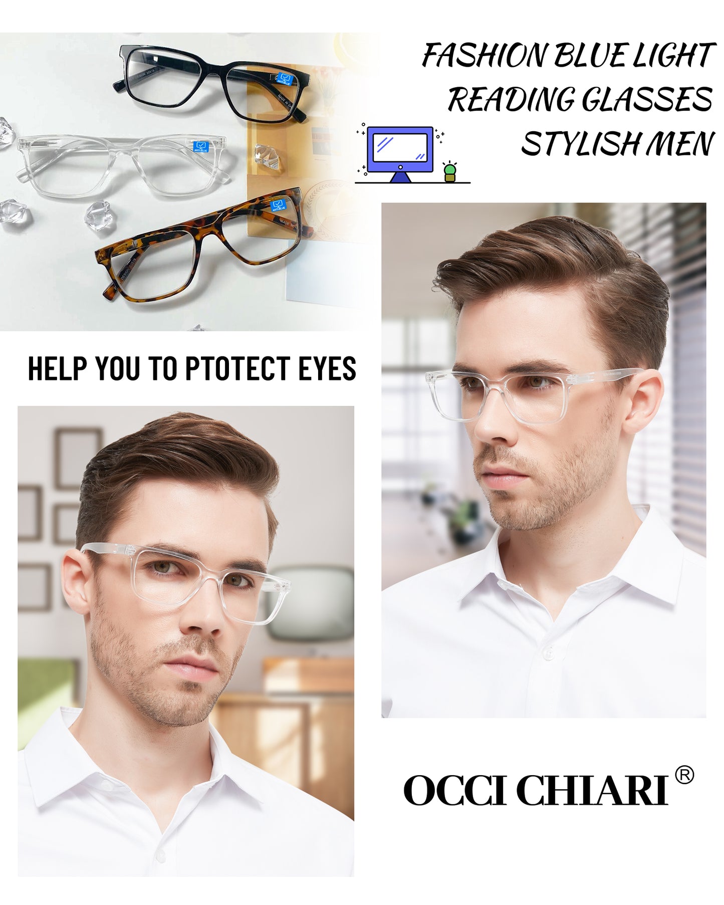 OCCI CHIARI Blue Blocker Reading glasses Men Fashion Black Readers Abl5213