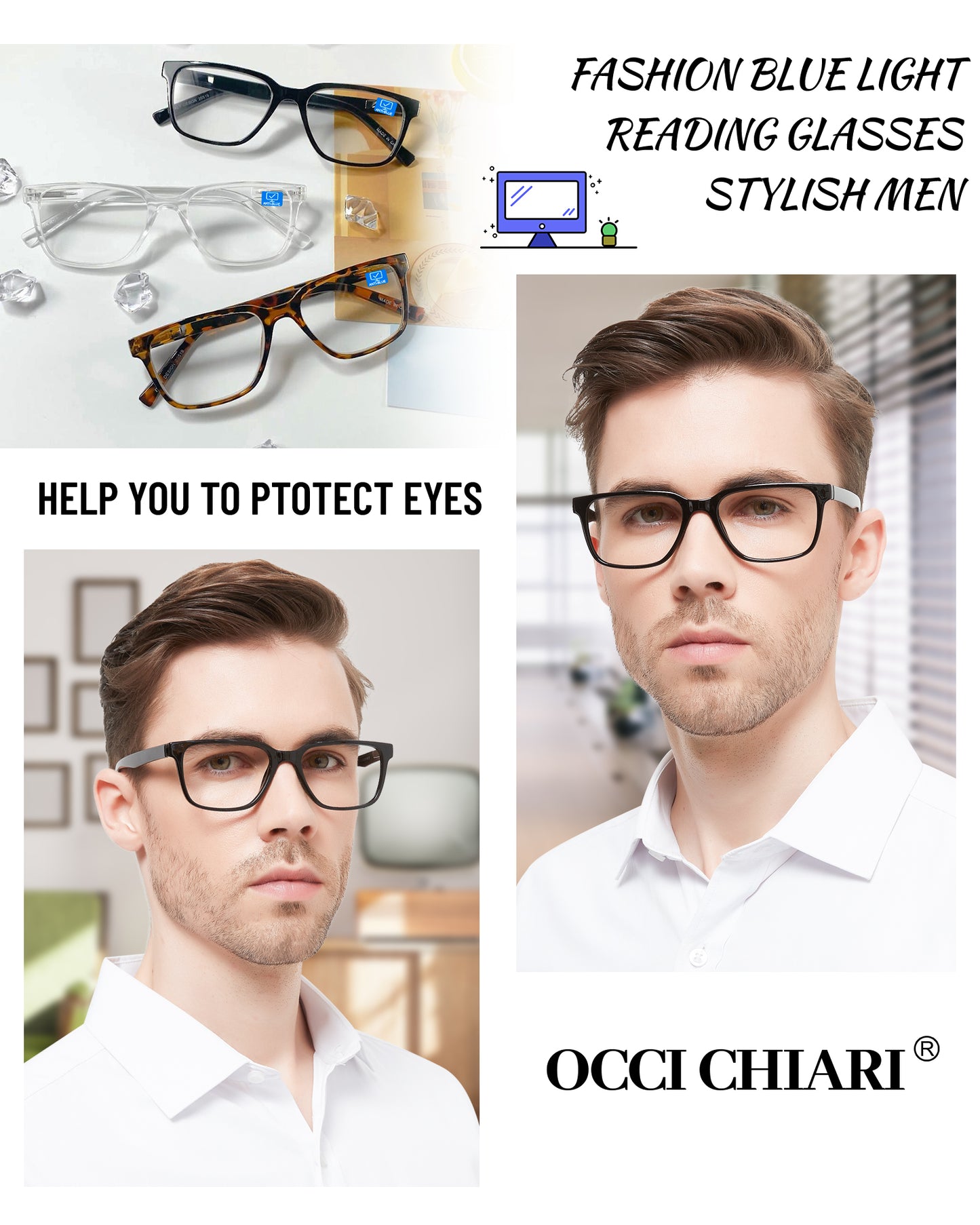 OCCI CHIARI Blue Blocker Reading glasses Men Fashion Black Readers Abl5213