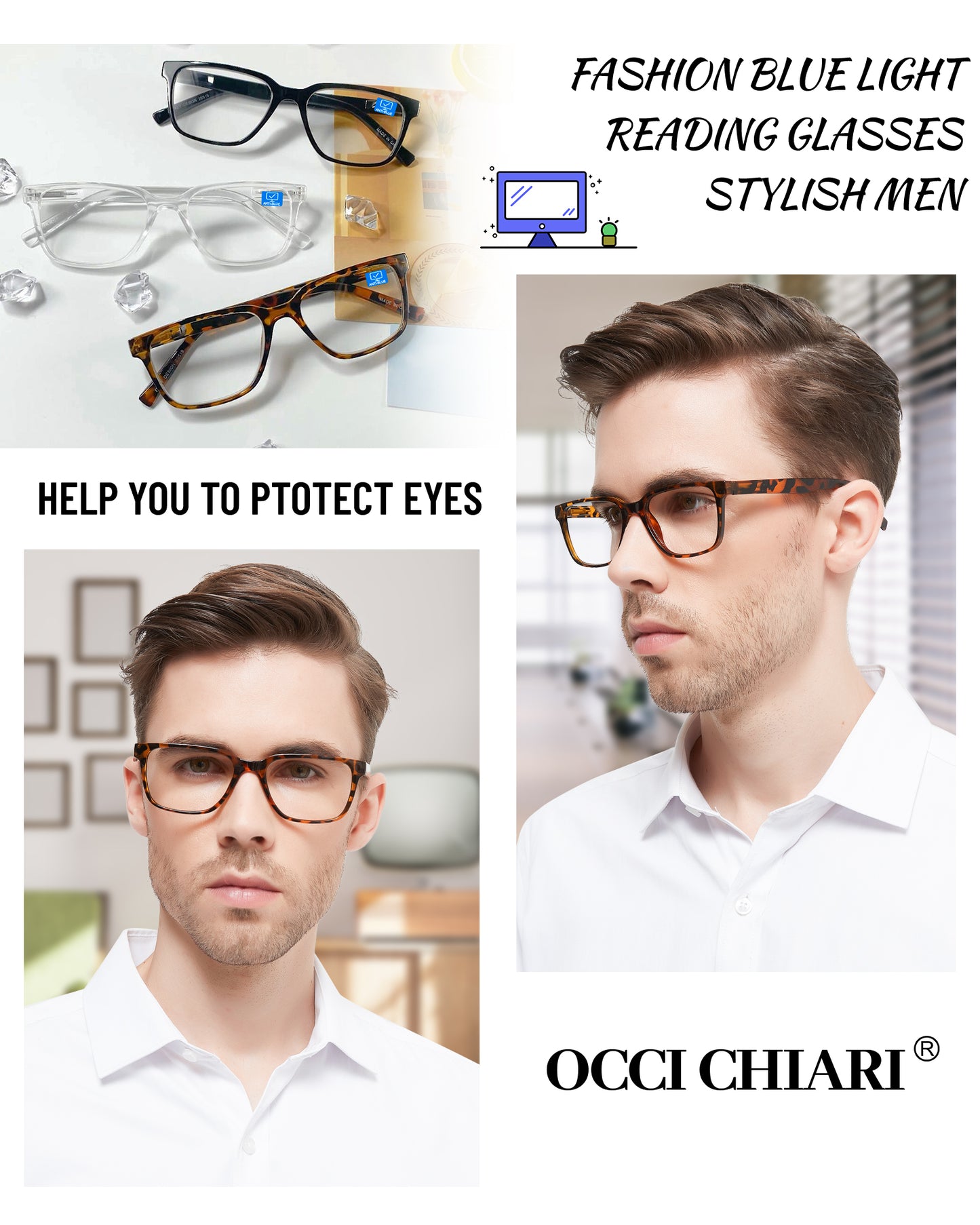 OCCI CHIARI Blue Blocker Reading glasses Men Fashion Black Readers Abl5213