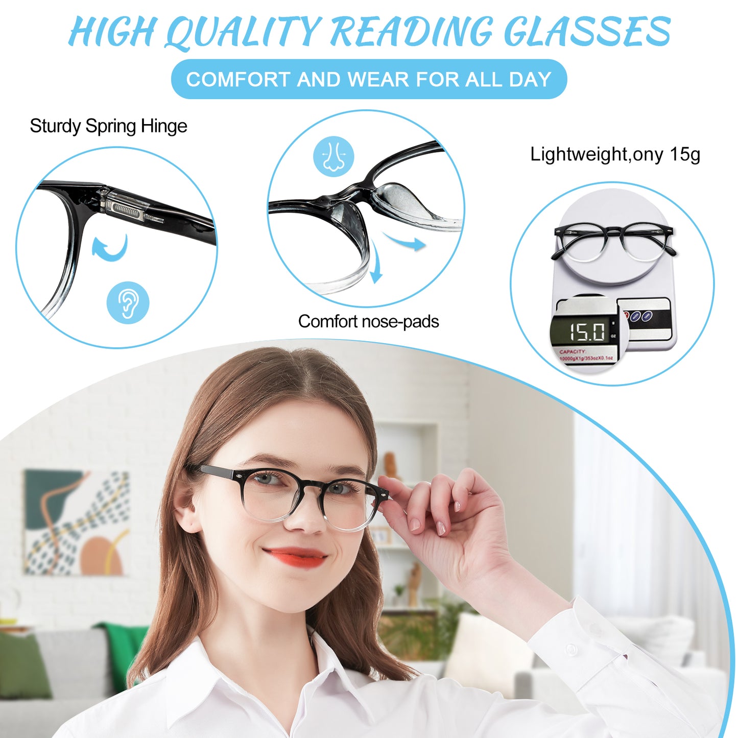 OCCI CHIARI Ladies Reading Glasses for Round Women 1.0+ Spring hinge Comfort Readers(1.0 1.25 1.5 1.75 2.0 2.25 2.5 2.75 3.0 3.5 4.0 5.0 6.0)