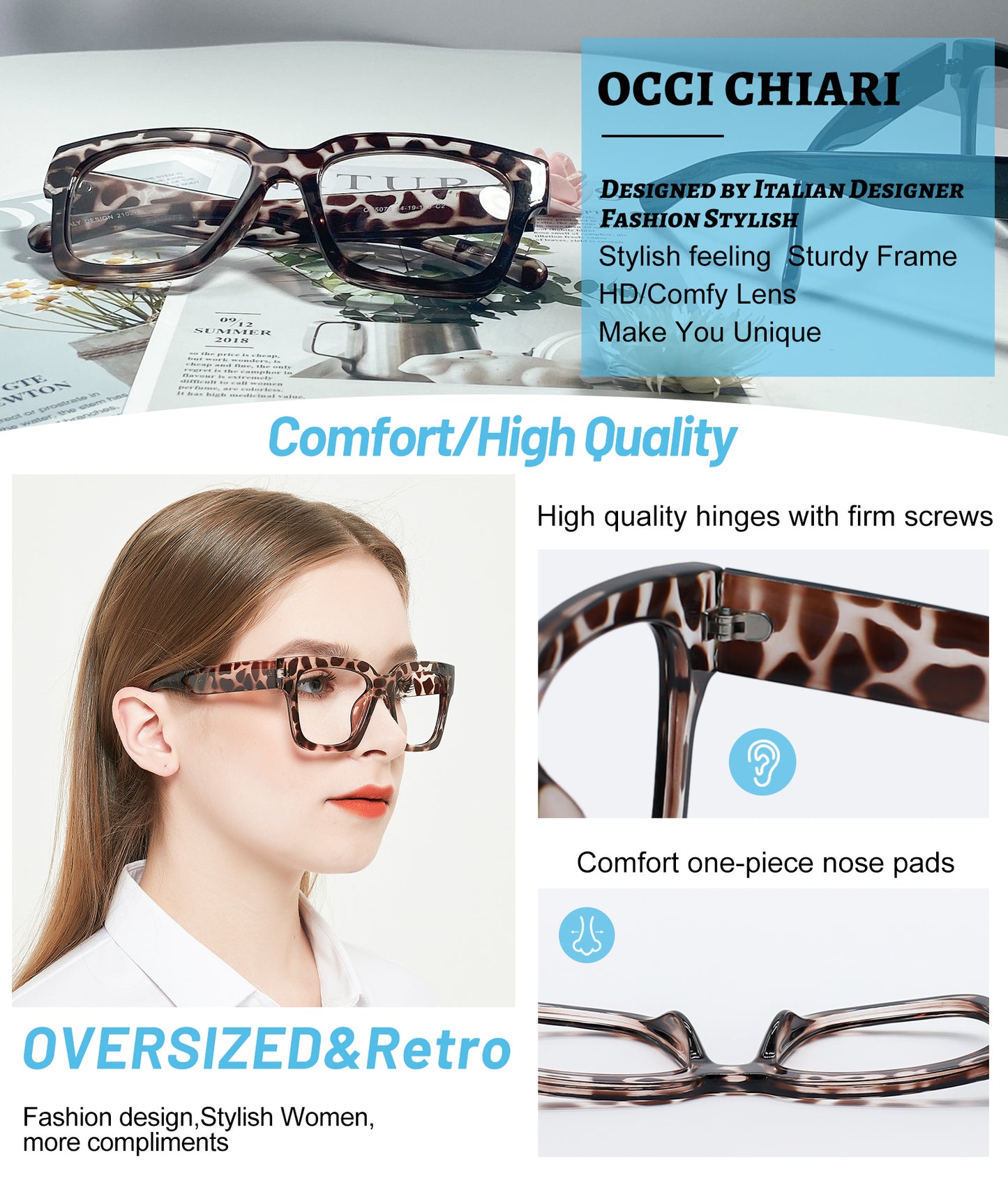 OCCI CHIARI Large Frame Reading Glasses for Women Retro Square Readers OC5078