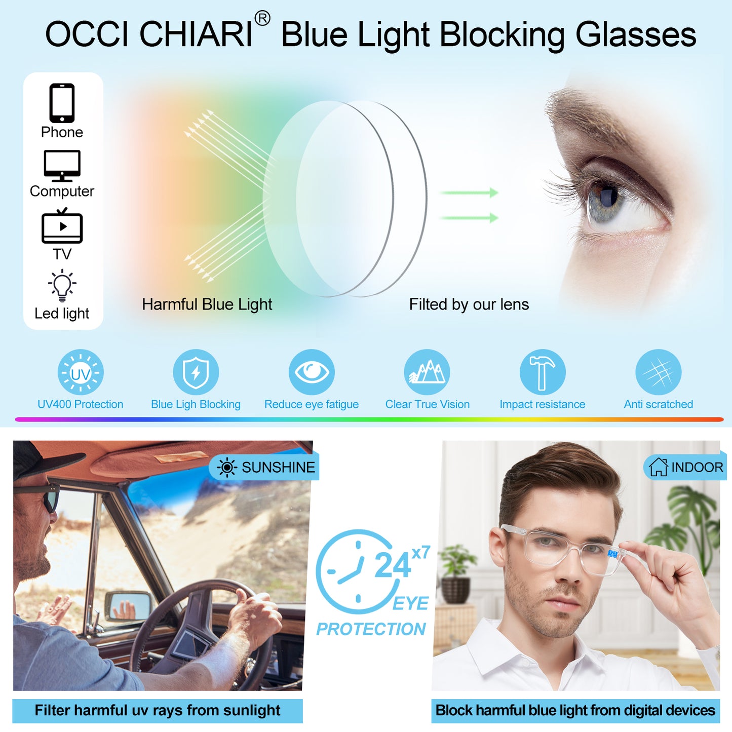 OCCI CHIARI Blue Blocker Reading glasses Men Fashion Black Readers Abl5213