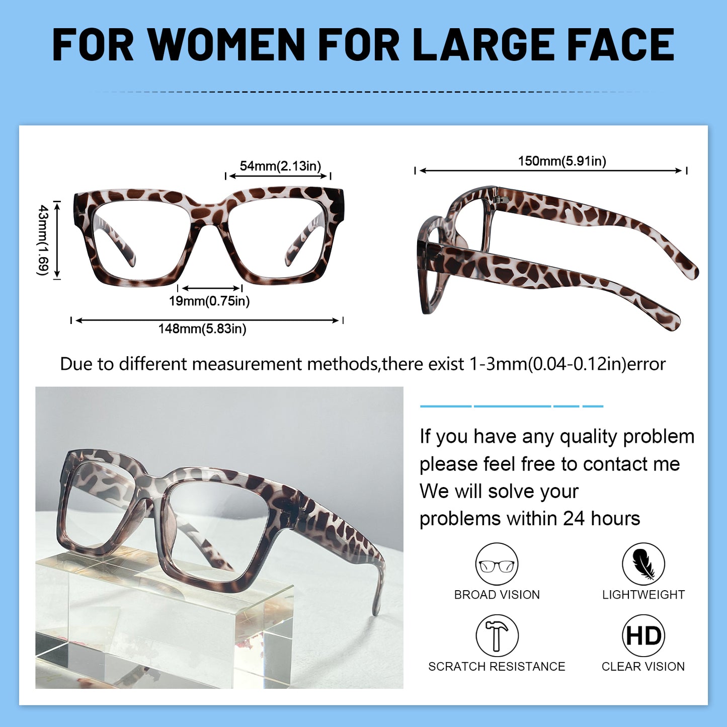 OCCI CHIARI Large Frame Reading Glasses for Women Retro Square Readers OC5078