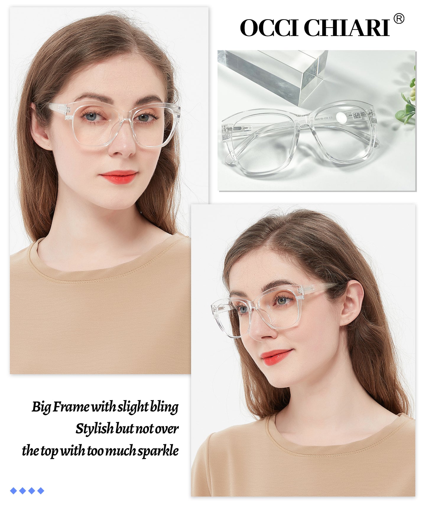 OCCI CHIARI Reading Glasses For Women Wide Square Reader 1.0 1.5 2.0 2.5 3.0 3.5 4.0 5.0 6.0 1.25 1.75 2.25 2.75