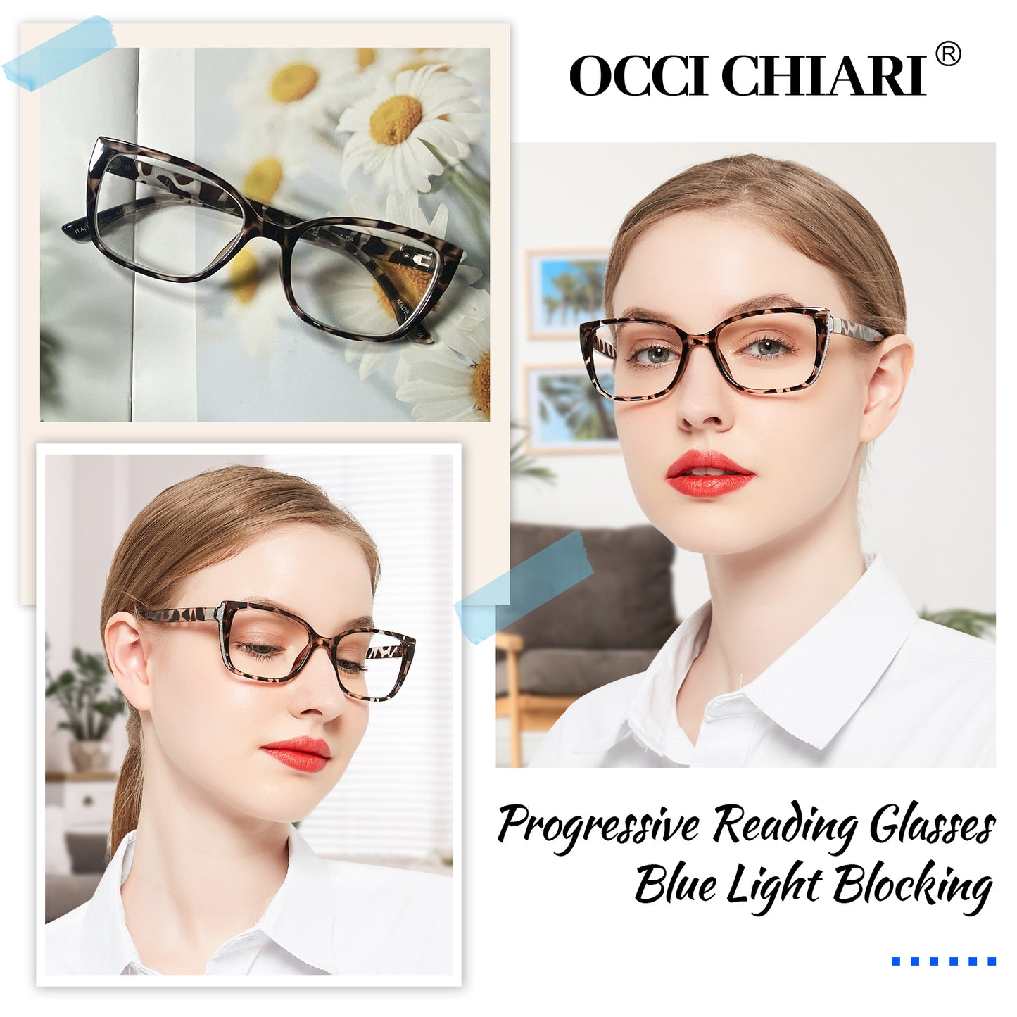 OCCI CHIARI Progressive Bifocal Reading Glasses for Women Transition Multifocal Readers Blue Blocker