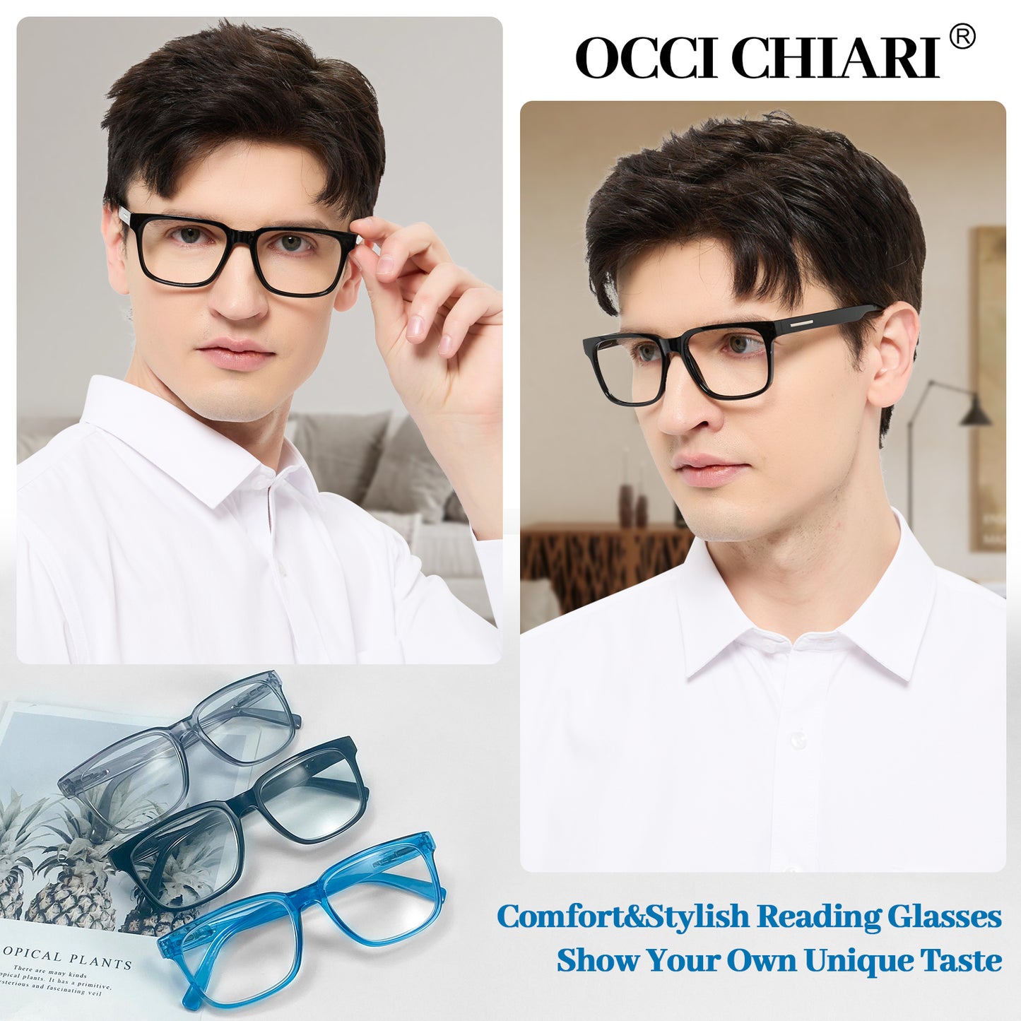 OCCI CHIARI Mens +1.00 Reading Glasses for Big Head Stylish Square Readers OC5284