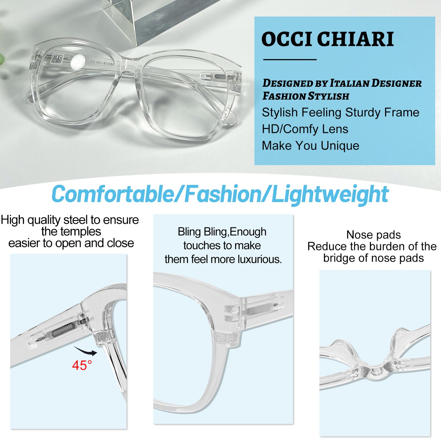 OCCI CHIARI Reading Glasses For Women Wide Square Reader 1.0 1.5 2.0 2.5 3.0 3.5 4.0 5.0 6.0 1.25 1.75 2.25 2.75