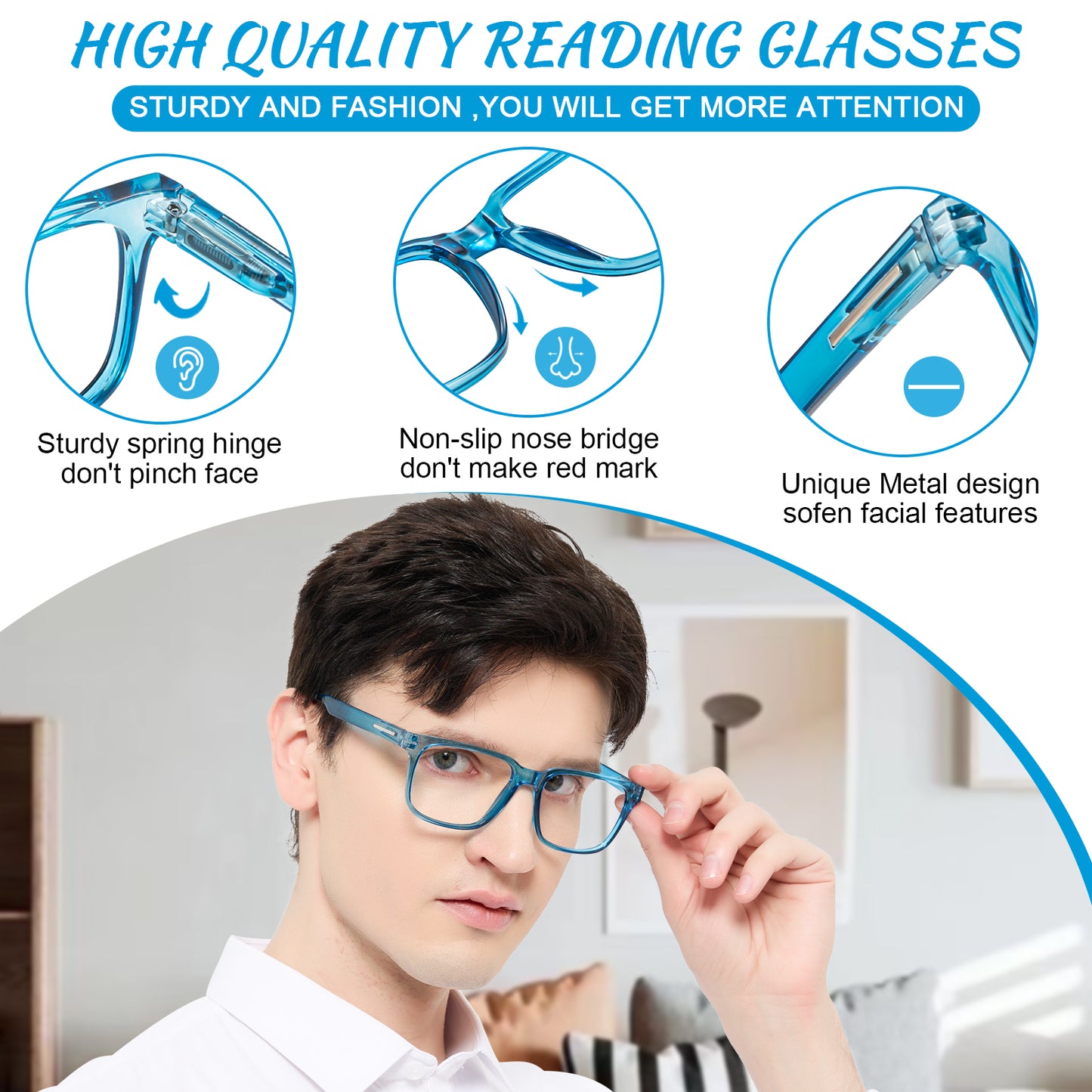 OCCI CHIARI Mens +1.00 Reading Glasses for Big Head Stylish Square Readers OC5284