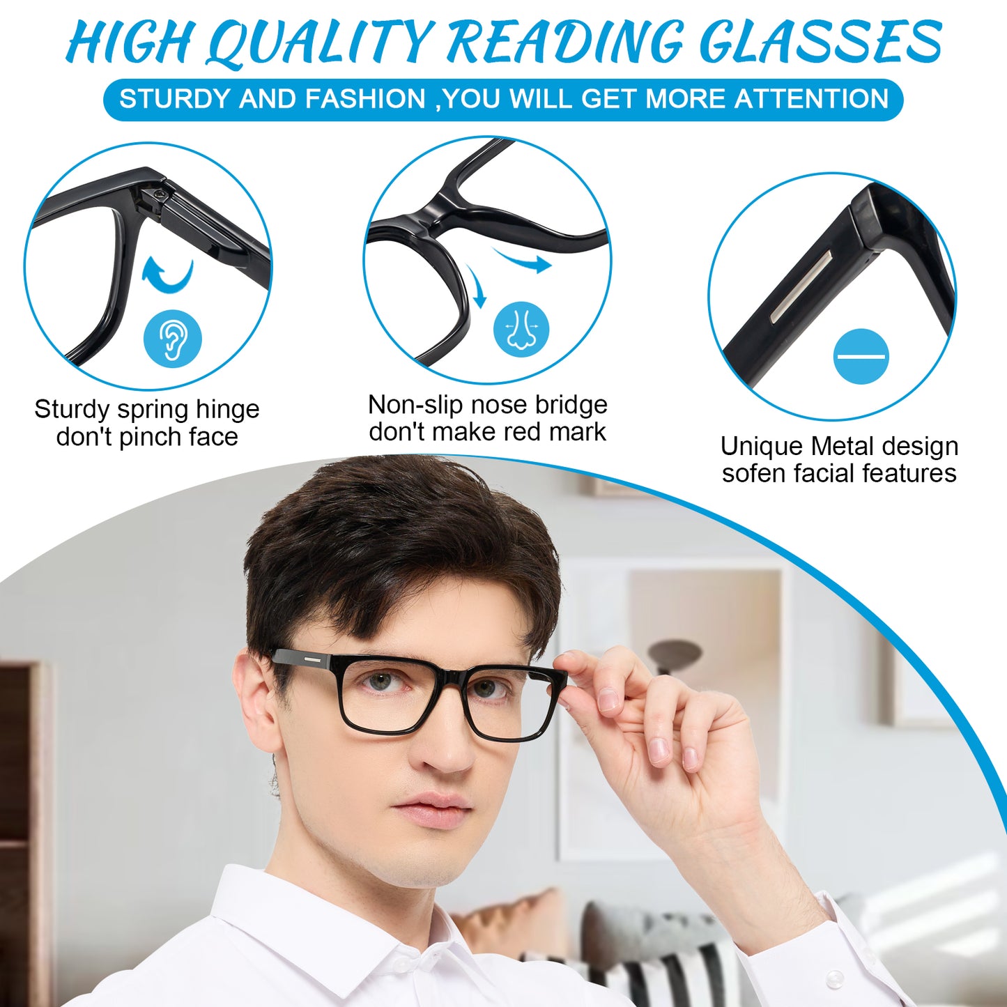 OCCI CHIARI Mens +1.00 Reading Glasses for Big Head Stylish Square Readers OC5284