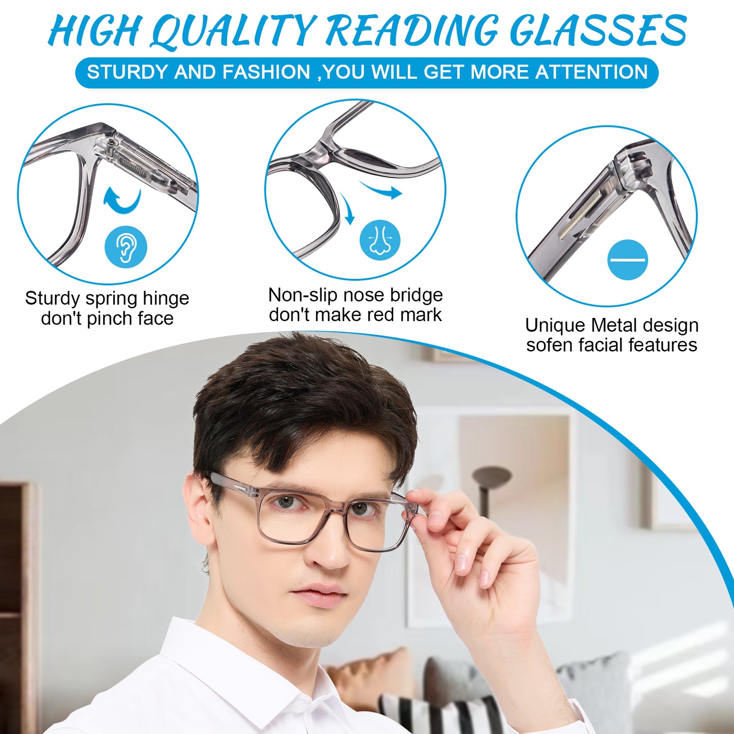 OCCI CHIARI Mens +1.00 Reading Glasses for Big Head Stylish Square Readers OC5284