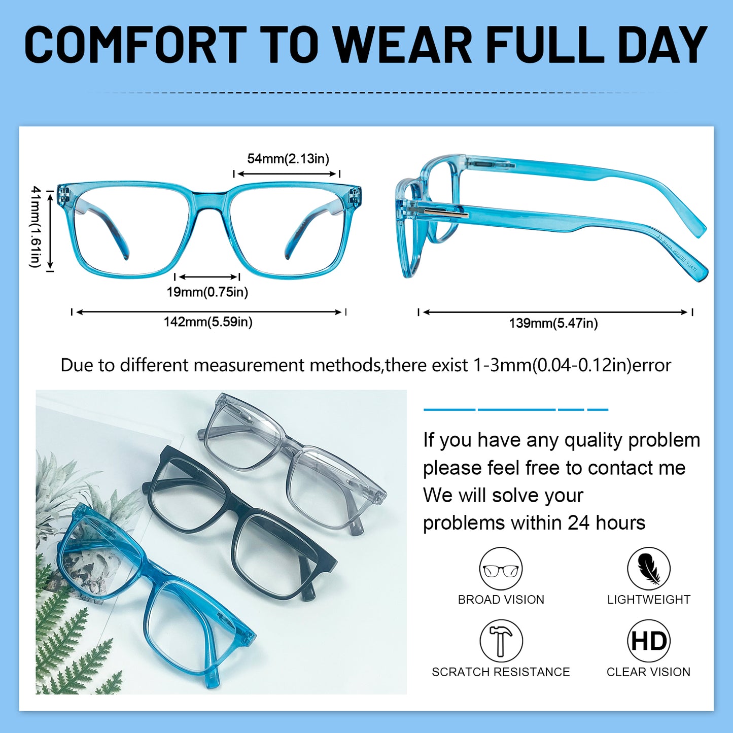 OCCI CHIARI Mens +1.00 Reading Glasses for Big Head Stylish Square Readers OC5284