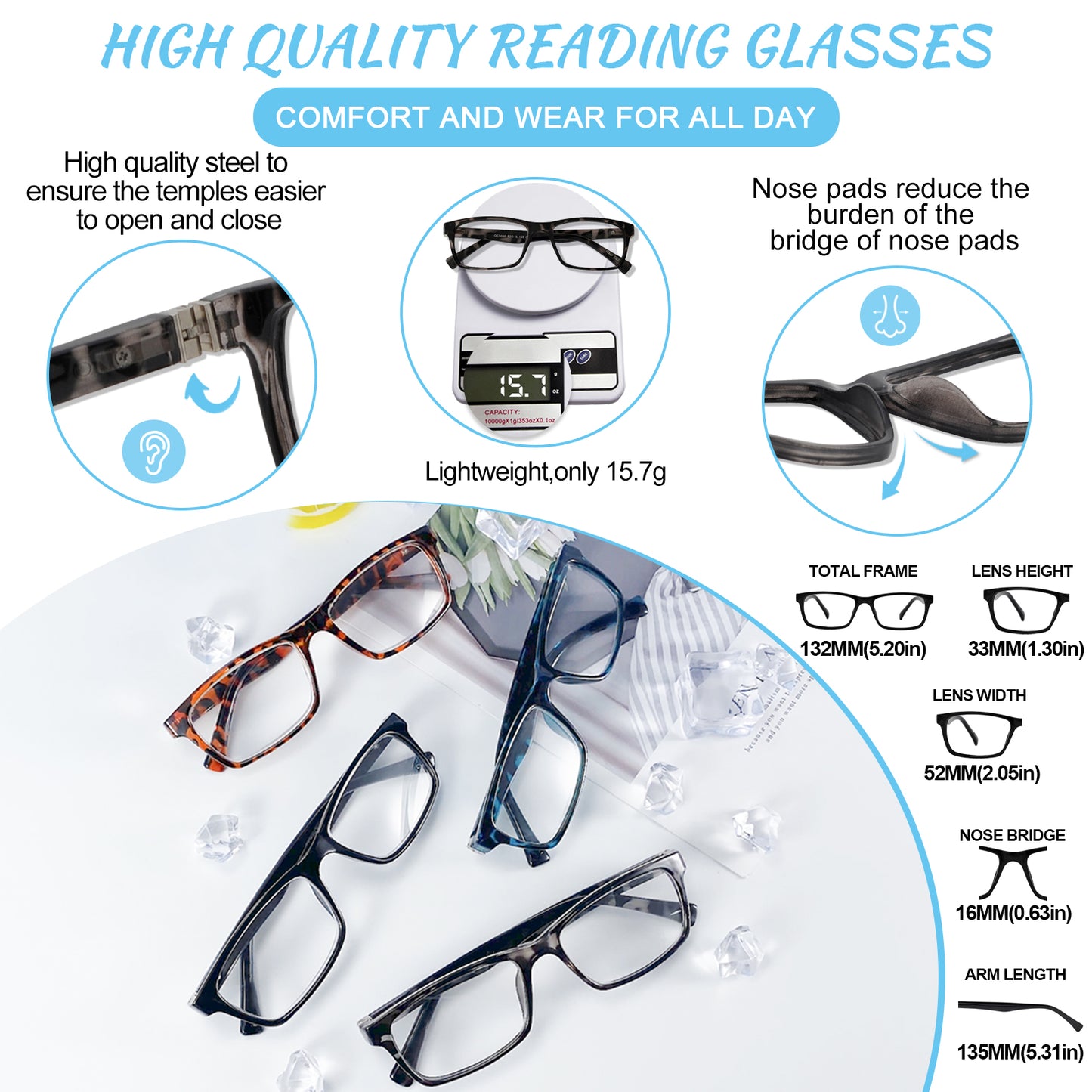 OCCI CHIARI Blue Light Reading Glasses Men Anti Glare Computer Readers for Big Head