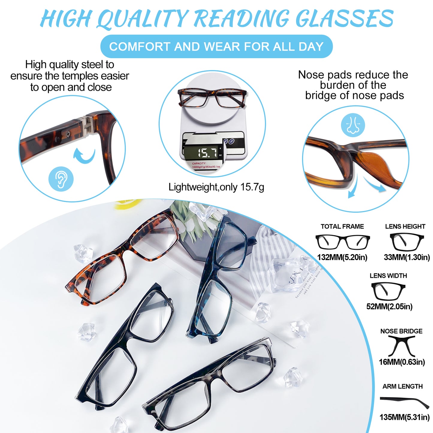 OCCI CHIARI Blue Light Reading Glasses Men Anti Glare Computer Readers for Big Head