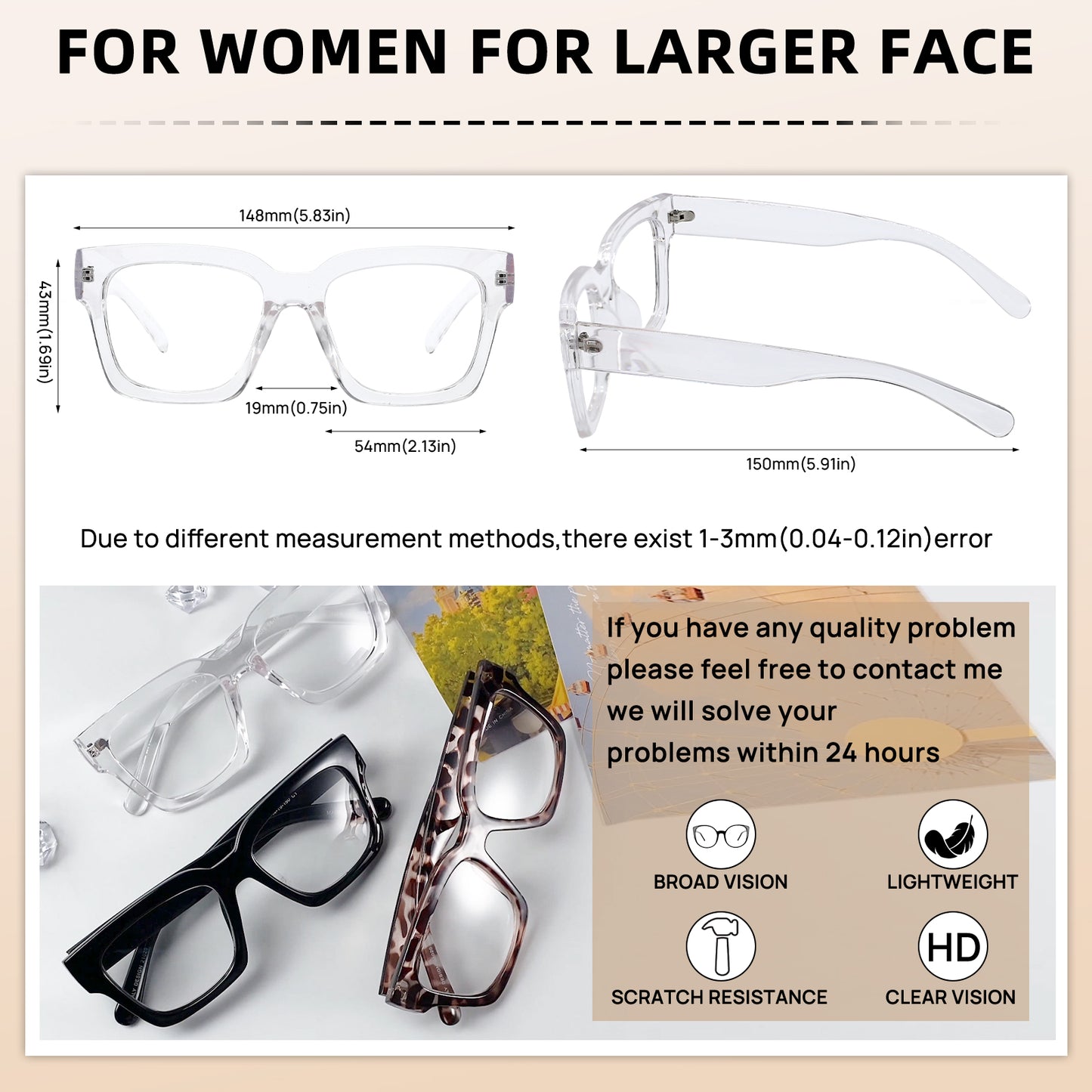 OCCI CHIARI Large Frame Reading Glasses for Women Retro Square Readers OC5078