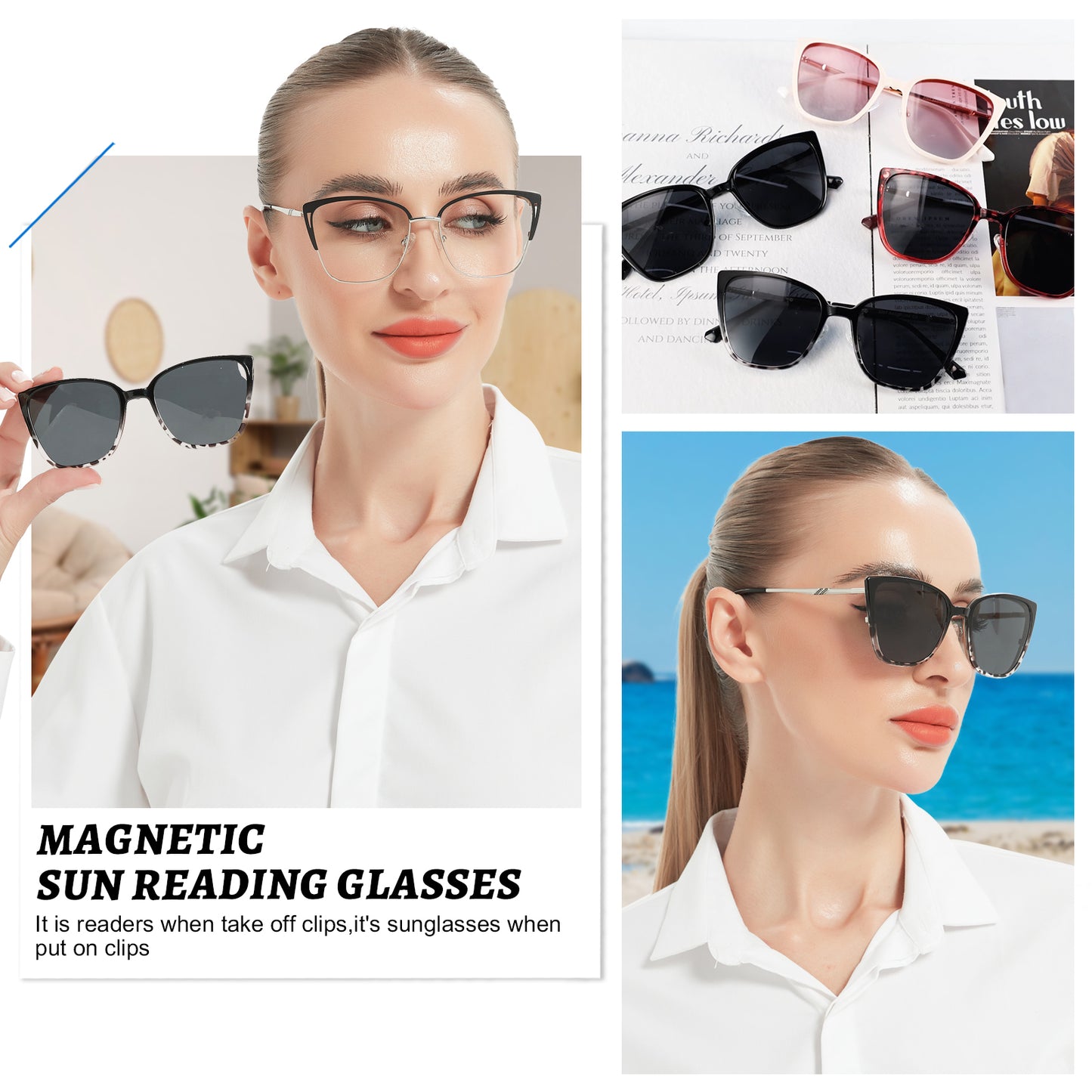 OCCI CHIARI Magnetic Reading Sun Glasses Clip on Sunglasses Readers for Women Fashion Cat Eye Polarized Frame OC5295M