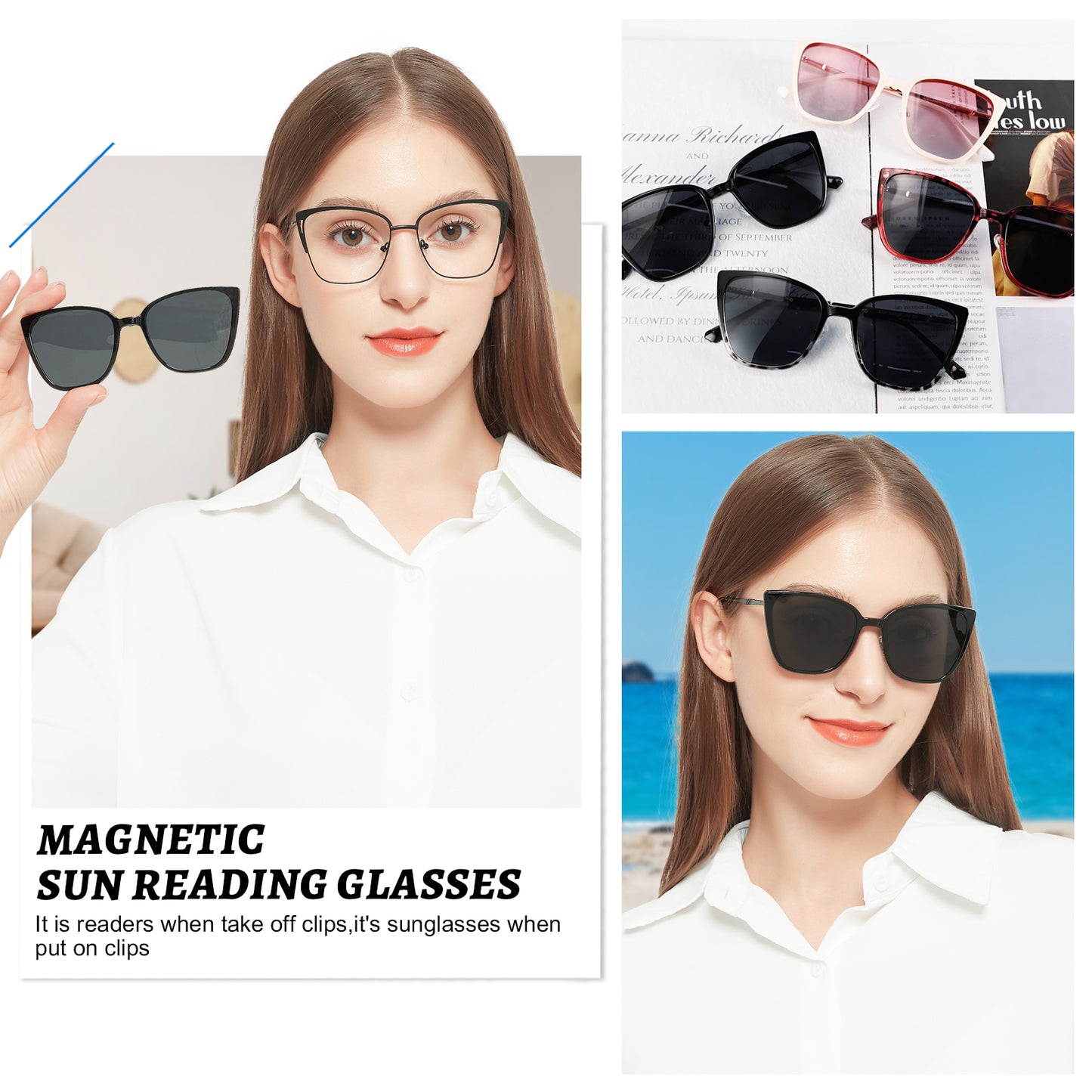 OCCI CHIARI Magnetic Reading Sun Glasses Clip on Sunglasses Readers for Women Fashion Cat Eye Polarized Frame OC5295M