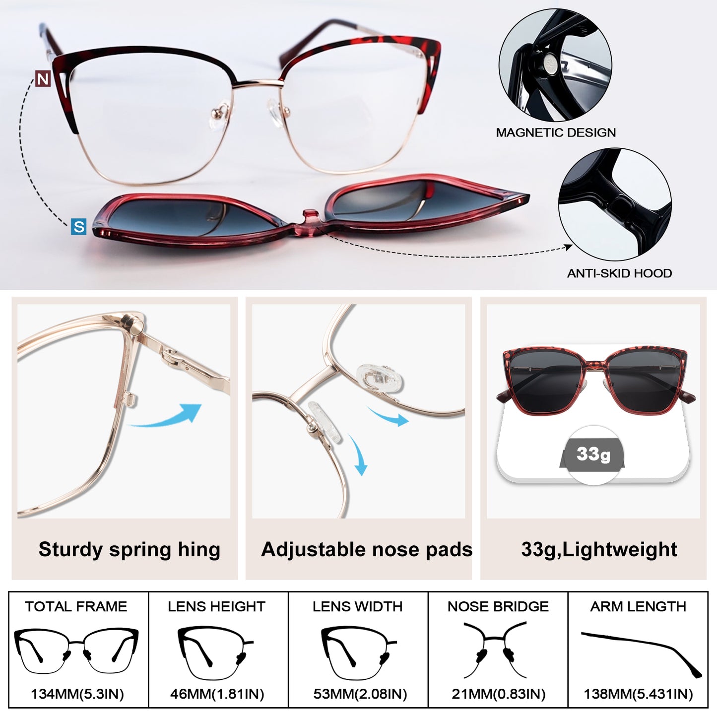 OCCI CHIARI Magnetic Reading Sun Glasses Clip on Sunglasses Readers for Women Fashion Cat Eye Polarized Frame OC5295M