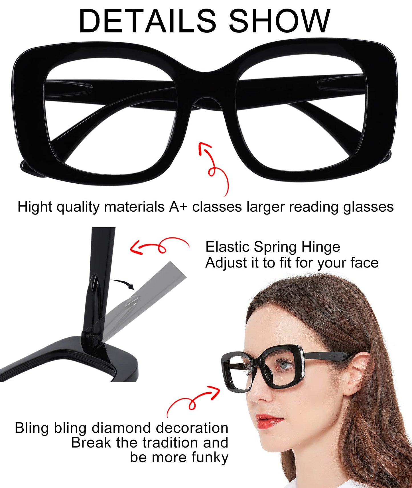 OCCI CHIARI Oversized Reading Glasses For Women Large Reader 1.0 1.5 2.0 2.5 3.0 3.5 4.0 5.0 6.0