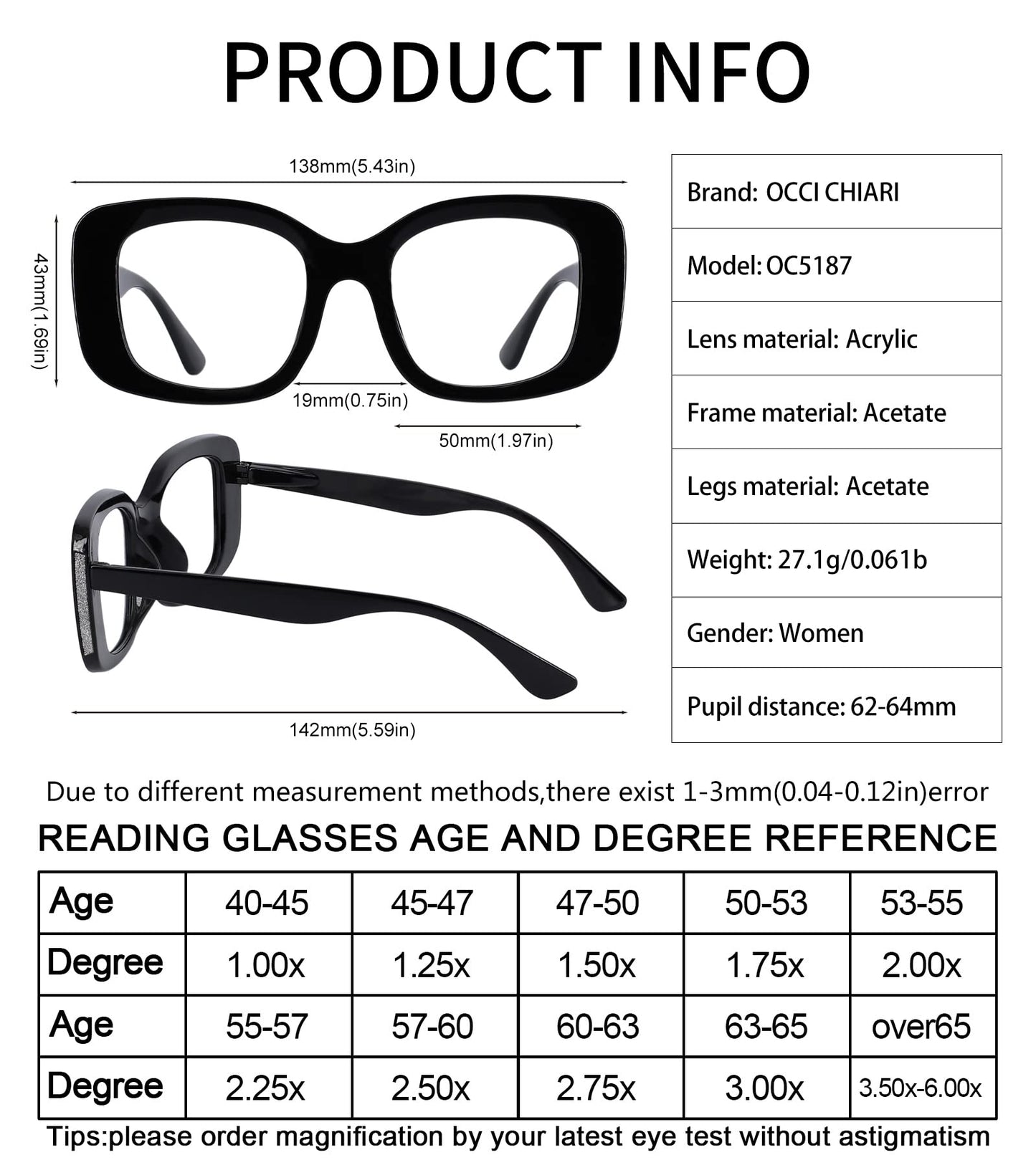 OCCI CHIARI Oversized Reading Glasses For Women Large Reader 1.0 1.5 2.0 2.5 3.0 3.5 4.0 5.0 6.0