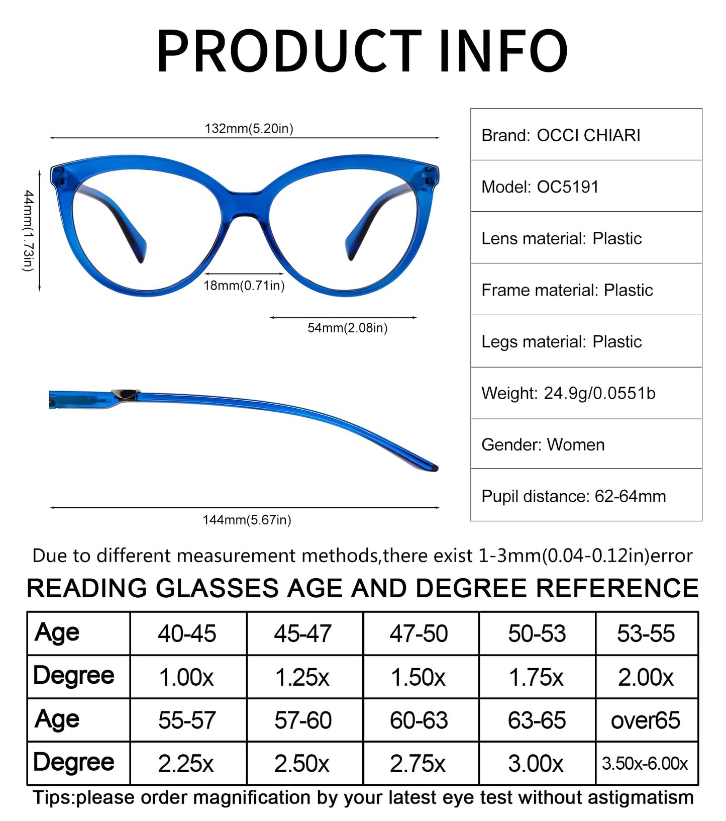 OCCI CHIARI Women's Readers Sturdy Reading Glasses with Metal Spring Hinge(1.0 1.25 1.5 1.75 2.0 2.25 2.5 2.75 3.0 3.5)