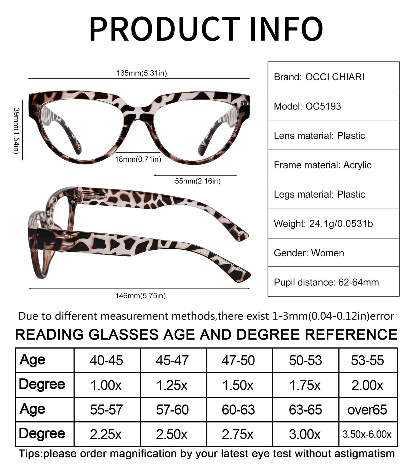 OCCI CHIARI Large Reading Glasses for Women Cateye Readers Large Frame(1.0 1.5 2.0 2.5 3.0 3.5 4.0 5.0 6.0)