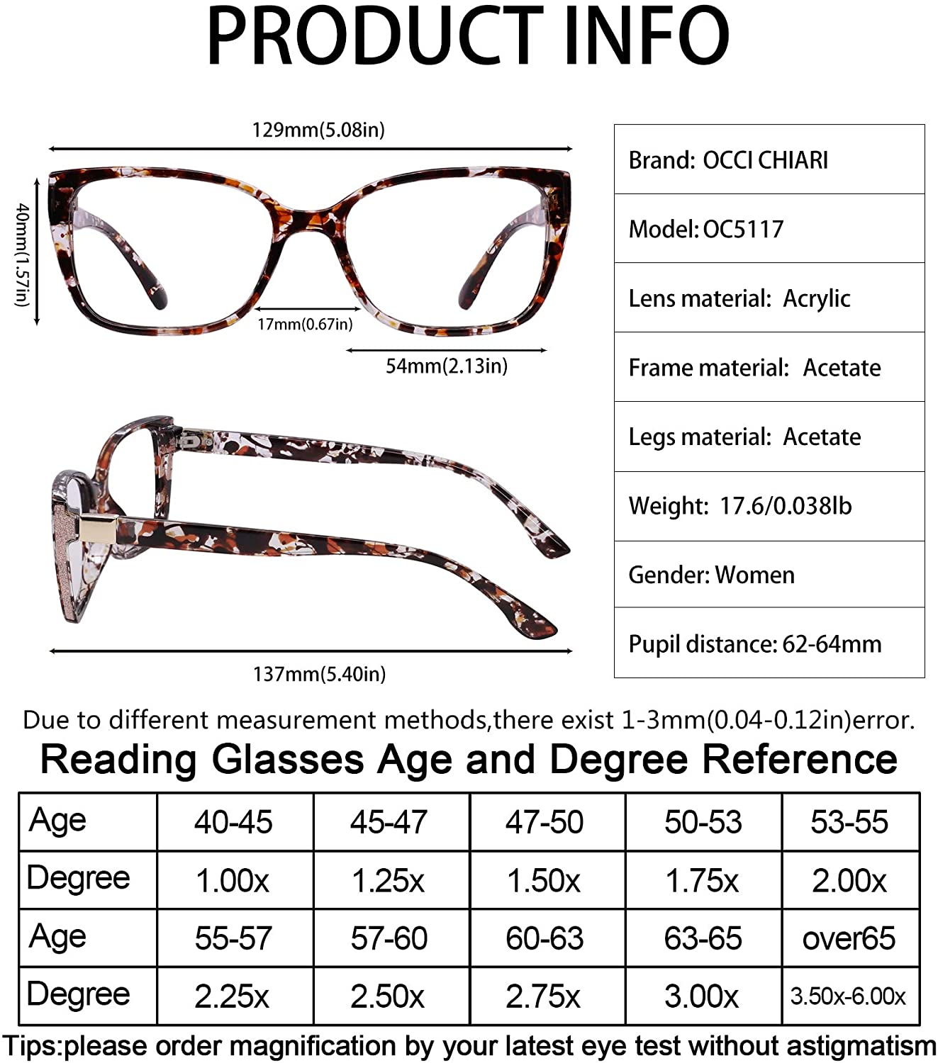 OCCI CHIARI Reading Glasses For Women Oversized Reader 1.0 - 2.75