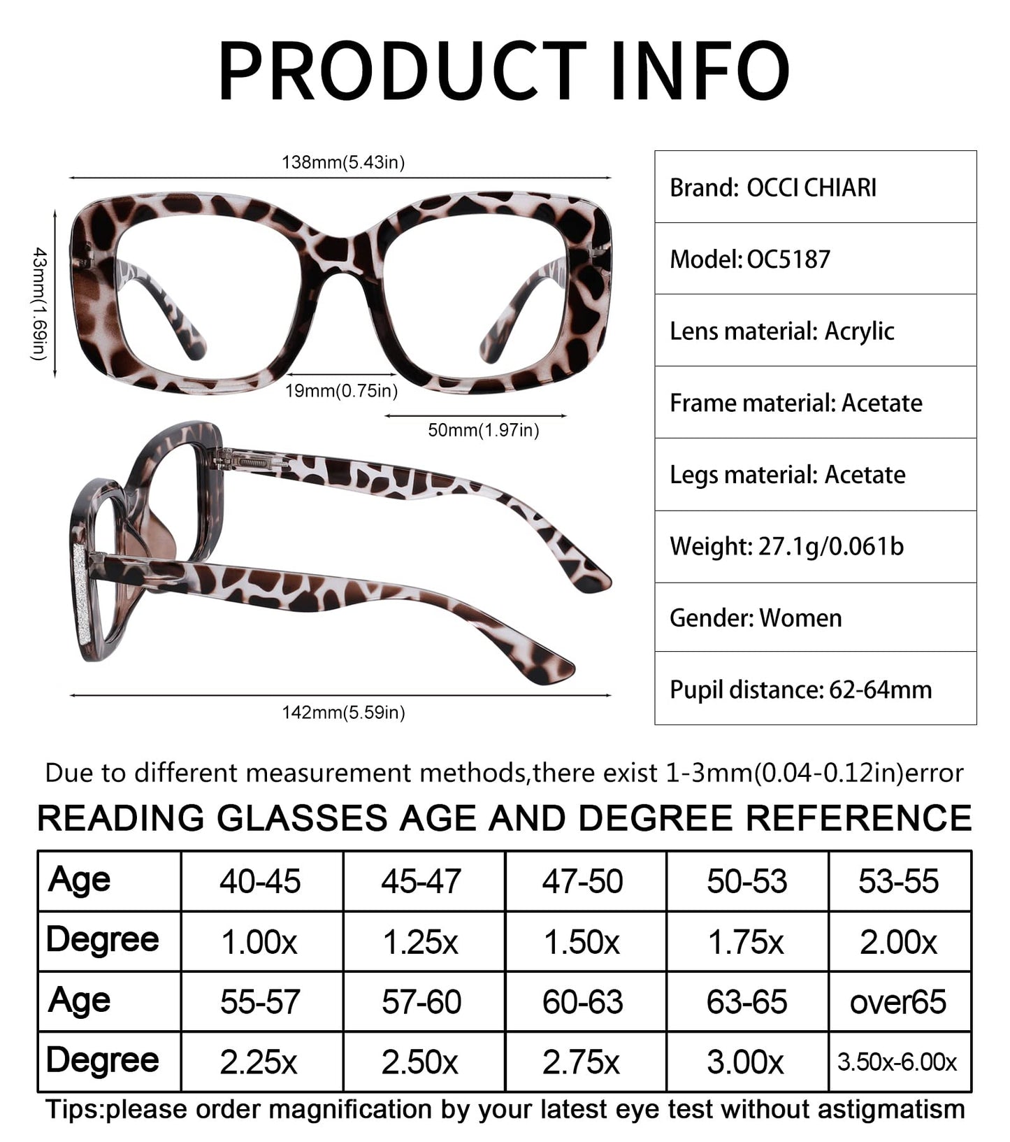 OCCI CHIARI Oversized Reading Glasses For Women Large Reader 1.0 1.5 2.0 2.5 3.0 3.5 4.0 5.0 6.0