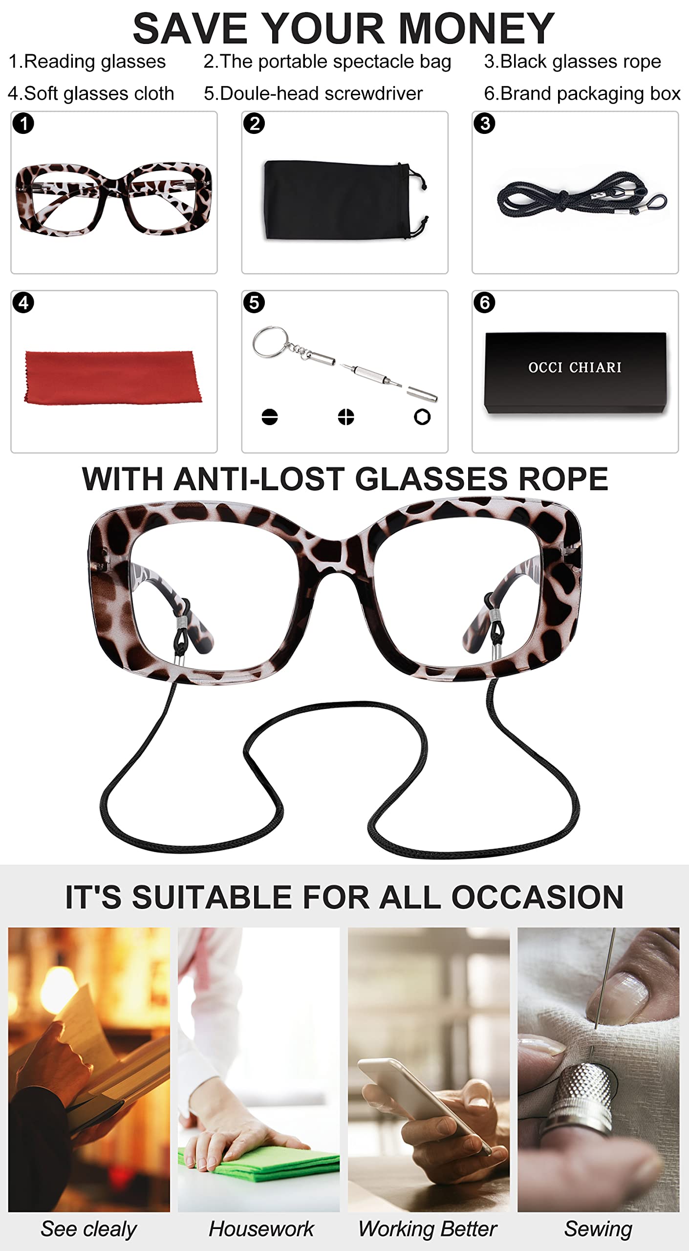 OCCI CHIARI Oversized Reading Glasses For Women Large Reader 1.0 1.5 2.0 2.5 3.0 3.5 4.0 5.0 6.0