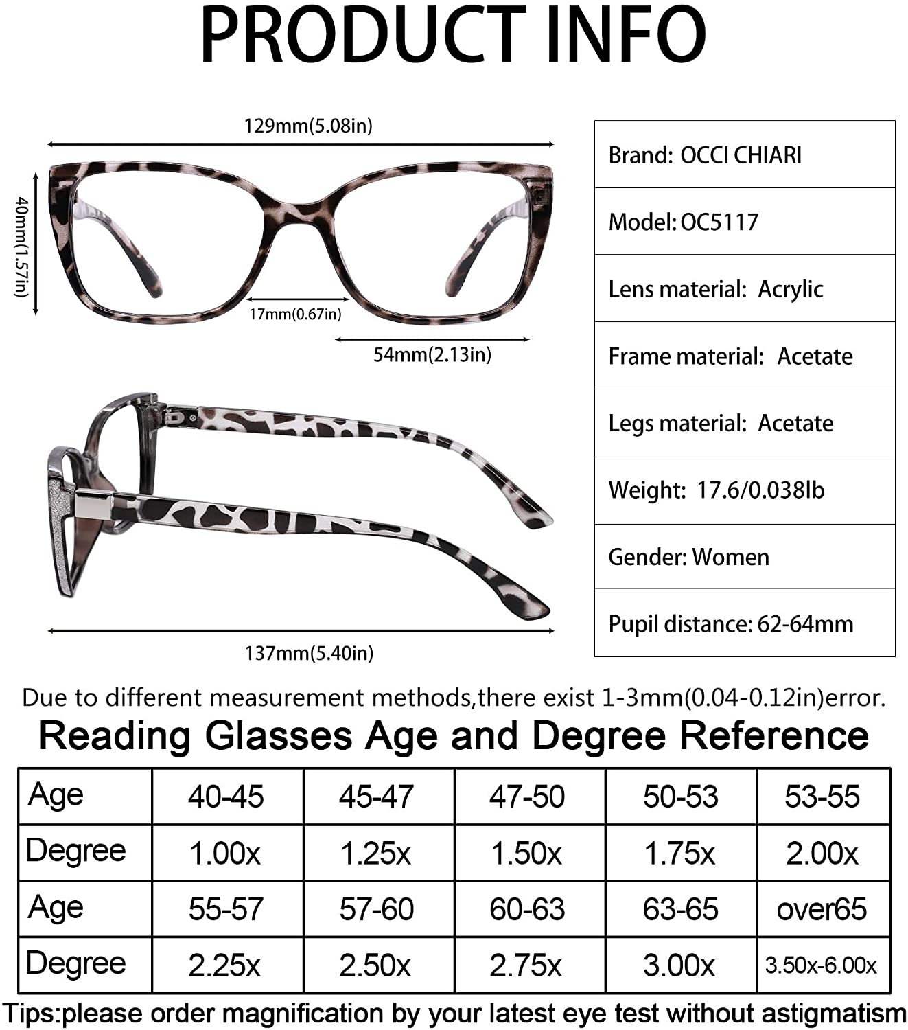 OCCI CHIARI Reading Glasses For Women Oversized Reader 1.0 - 2.75