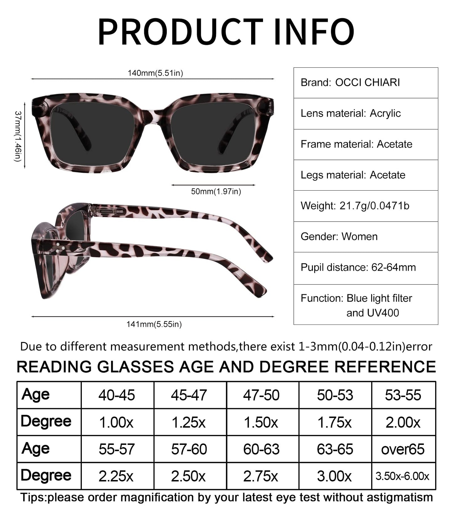OCCI CHIARI Sun Reading Glasses for Women Large Sun Readers Blue Light Filter