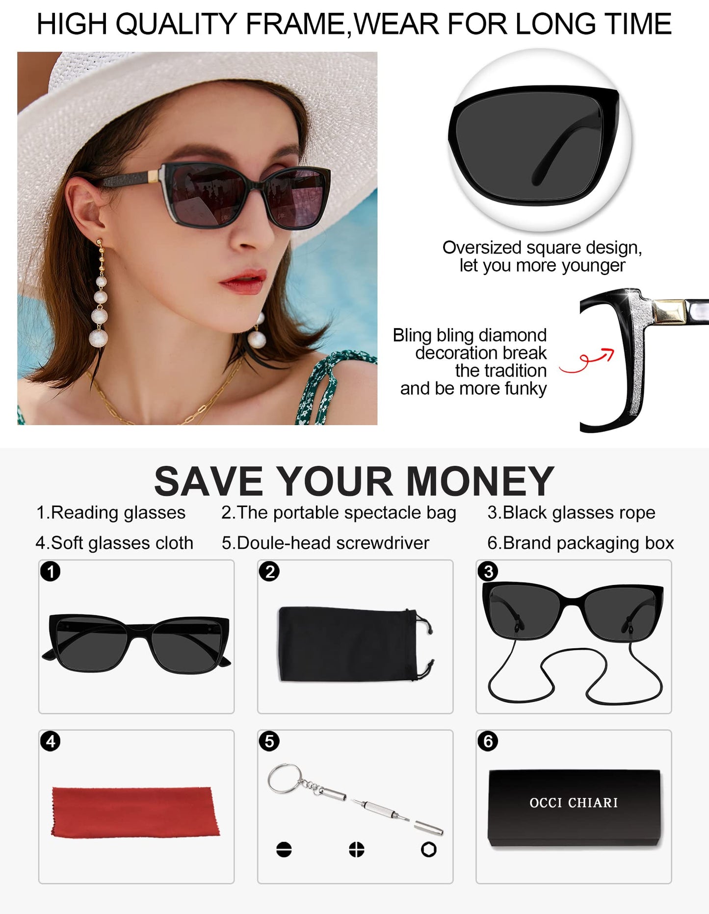 OCCI CHIARI Oversized Reader Sunglasses Oversized   Reading Sunglasses For Women(1.0 1.25 1.5 1.75 2.0 2.25 2.5 2.75 3.0 3.5)