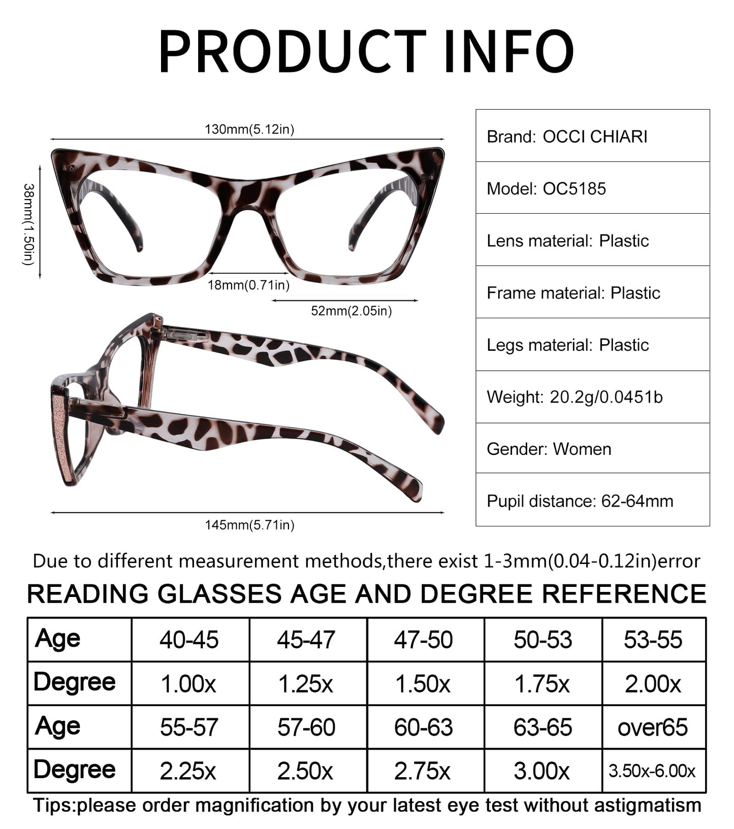 OCCI CHIARI Reading Glasses for Women Cat Eye Cute Reader Ladies Reader1.0 1.5 2.0 2.5 3.0 3.5
