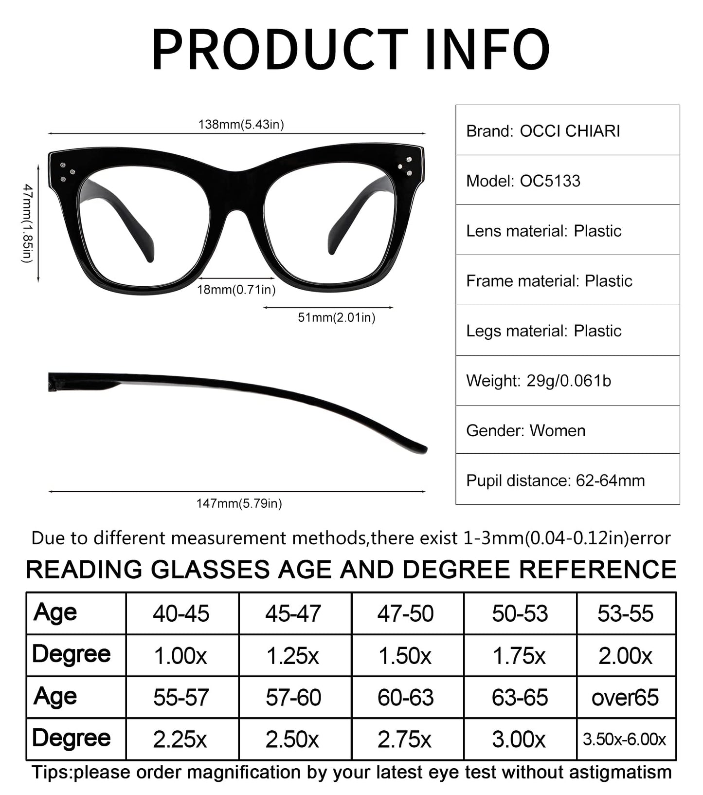 OCCI CHIARI Women's Readers Sturdy Reading Glasses Oversized Reading Glasses For women(1.0 1.25 1.5 1.75 2.0 2.25 2.5 2.75 3.0 3.5)