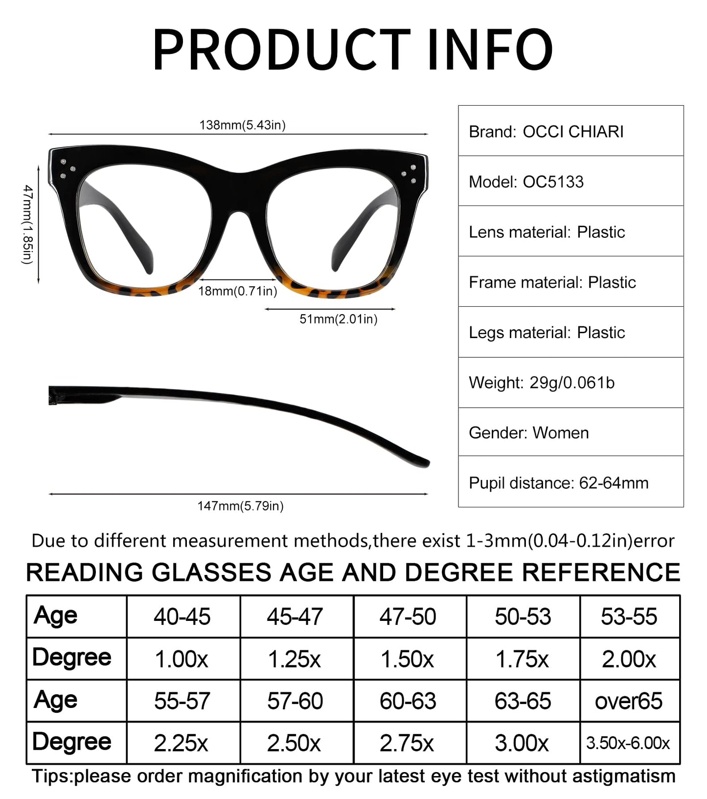 OCCI CHIARI Women's Readers Sturdy Reading Glasses Oversized Reading Glasses For women(1.0 1.25 1.5 1.75 2.0 2.25 2.5 2.75 3.0 3.5)