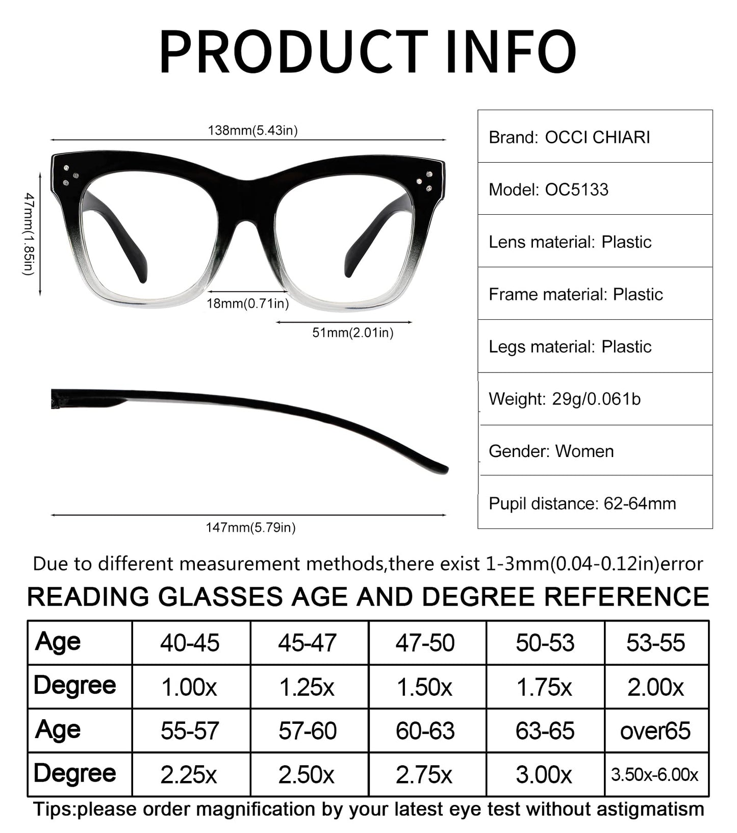 OCCI CHIARI Women's Readers Sturdy Reading Glasses Oversized Reading Glasses For women(1.0 1.25 1.5 1.75 2.0 2.25 2.5 2.75 3.0 3.5)