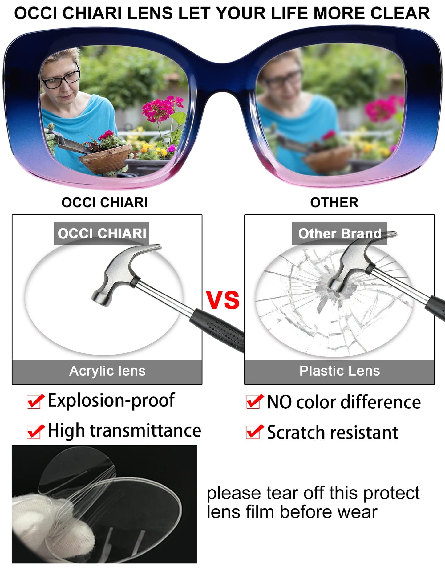 OCCI CHIARI Oversized Reading Glasses For Women Large Reader 1.0 1.5 2.0 2.5 3.0 3.5 4.0 5.0 6.0