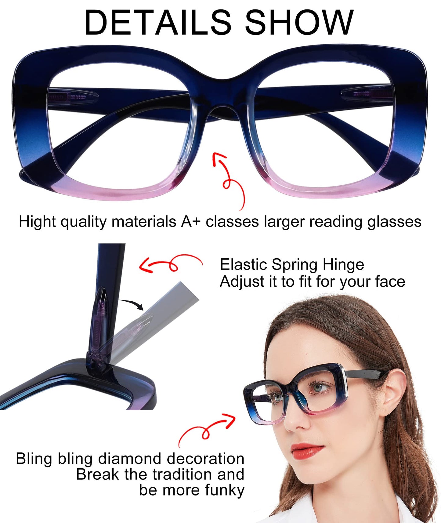 OCCI CHIARI Oversized Reading Glasses For Women Large Reader 1.0 1.5 2.0 2.5 3.0 3.5 4.0 5.0 6.0