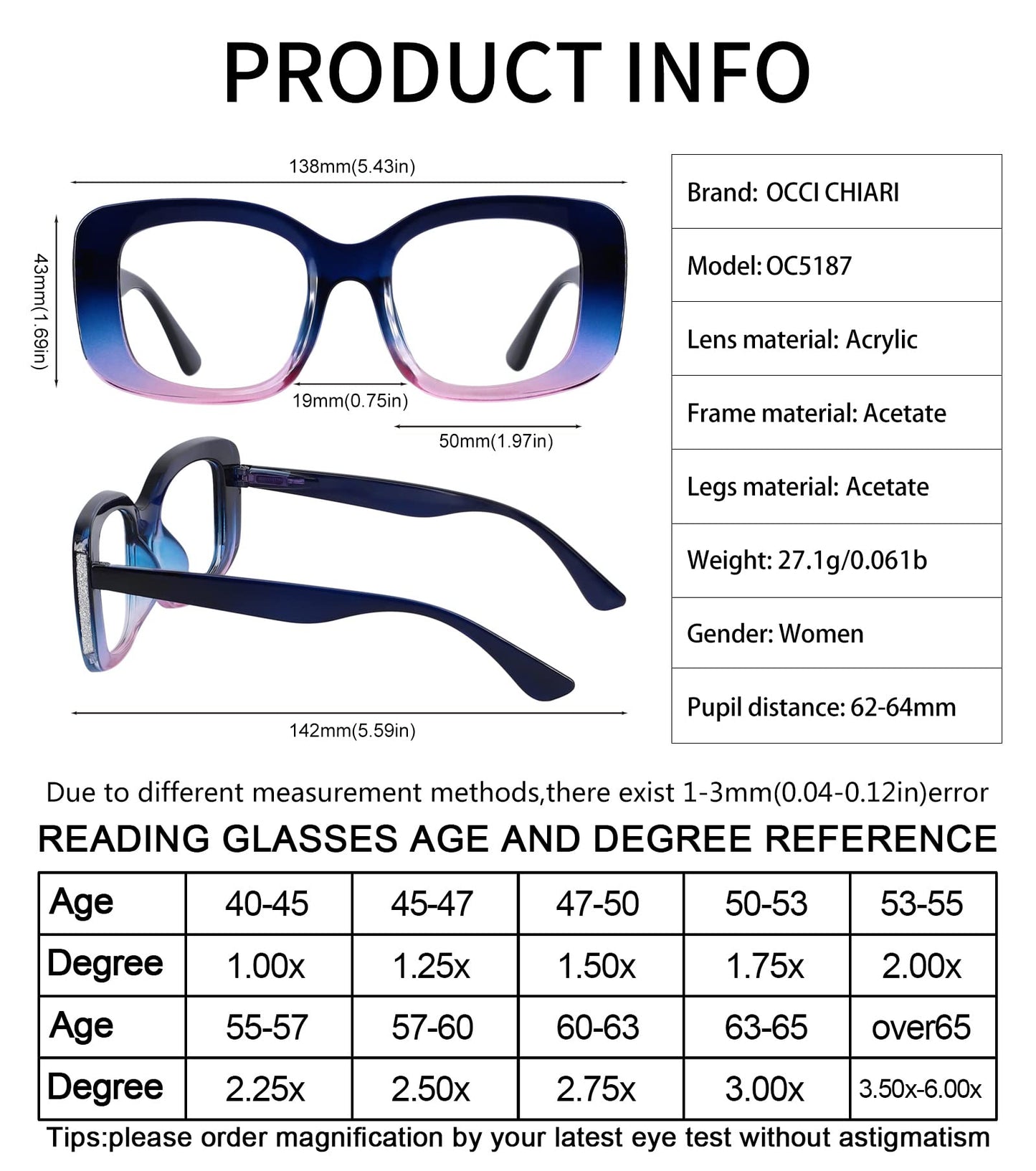 OCCI CHIARI Oversized Reading Glasses For Women Large Reader 1.0 1.5 2.0 2.5 3.0 3.5 4.0 5.0 6.0