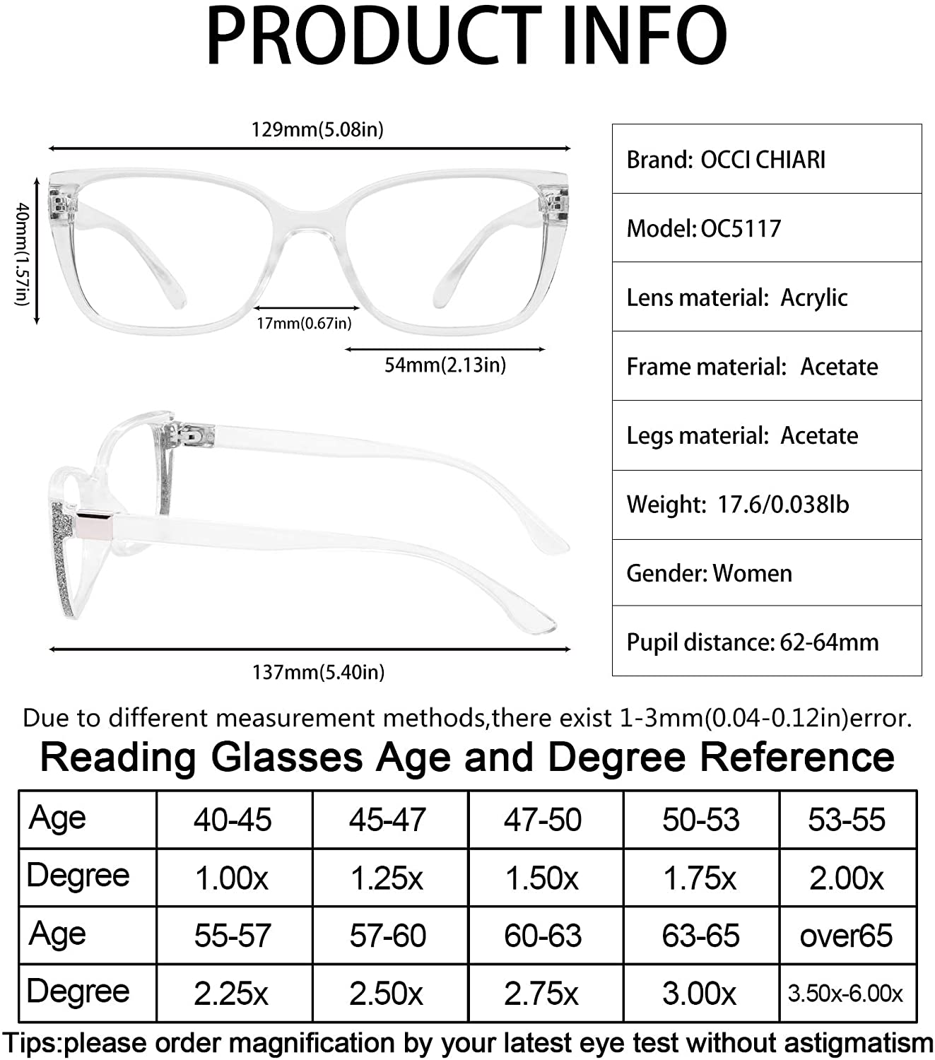 OCCI CHIARI Reading Glasses For Women Oversized Reader 1.0 - 2.75