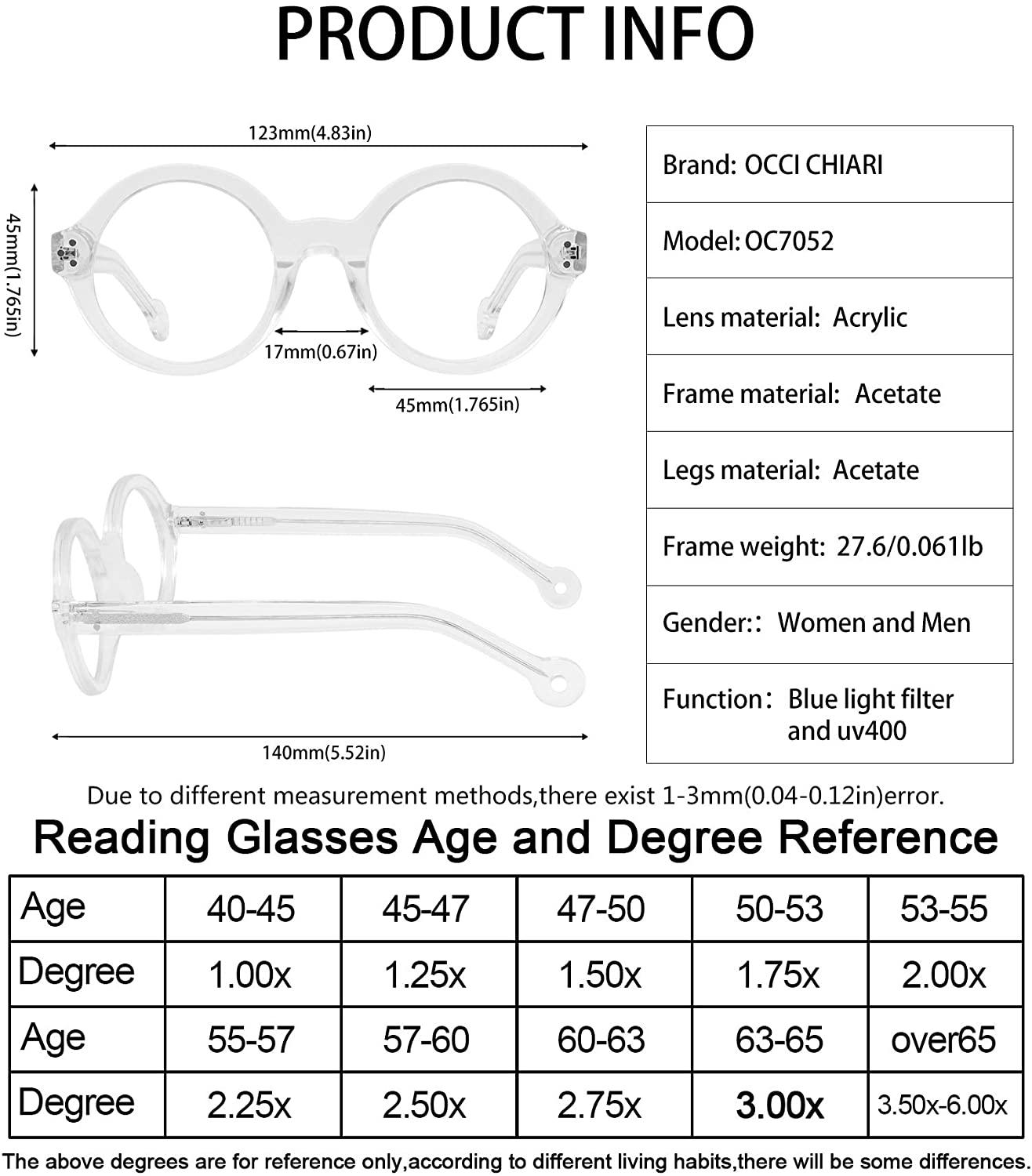 Blue Light Reading Glasses Sturdy Readers for Women nerd Round Frame - Occichiari 