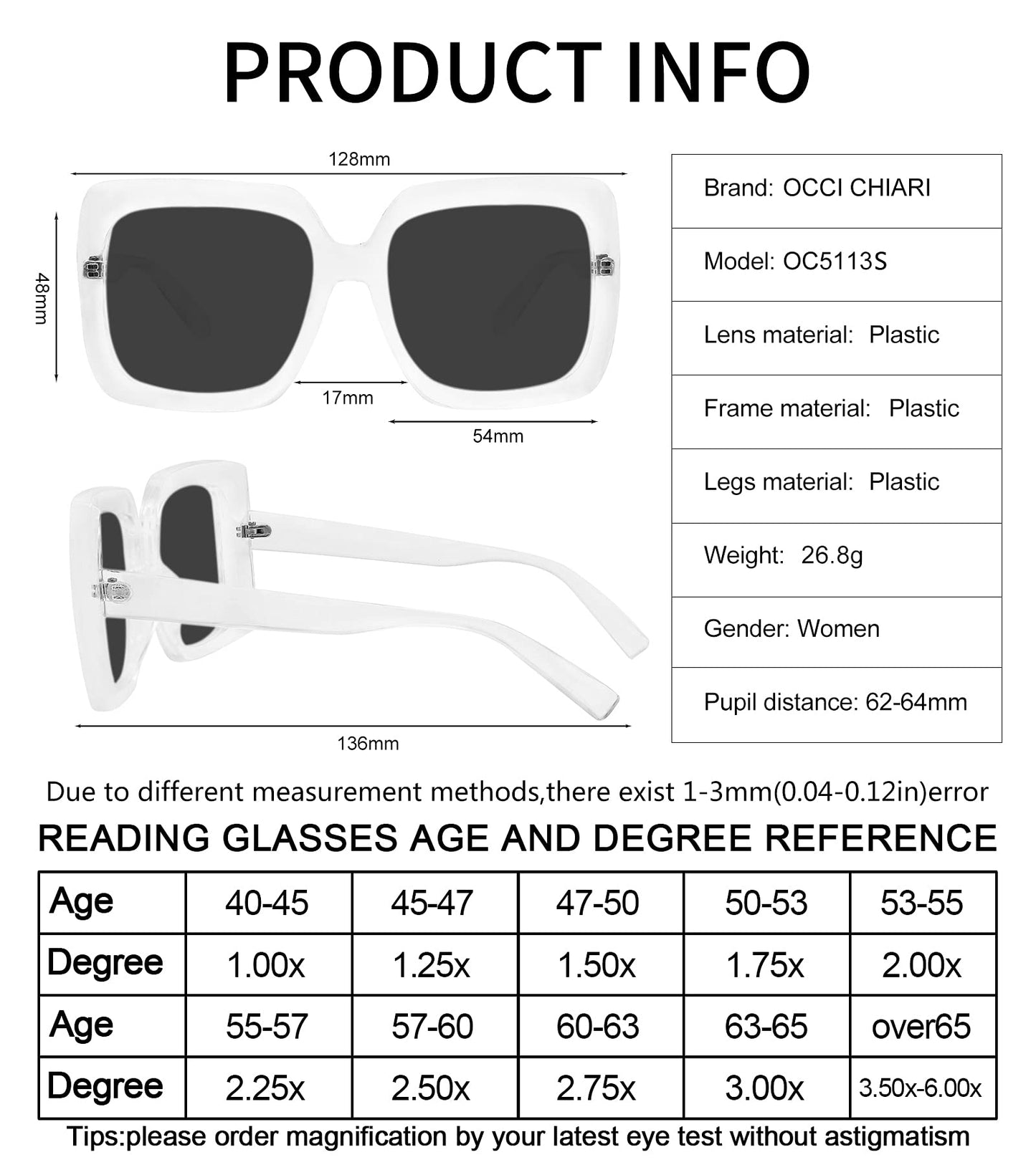 OCCI CHIARI Designer Reading Glasses For Women Large Sunglass Readers Transparent
