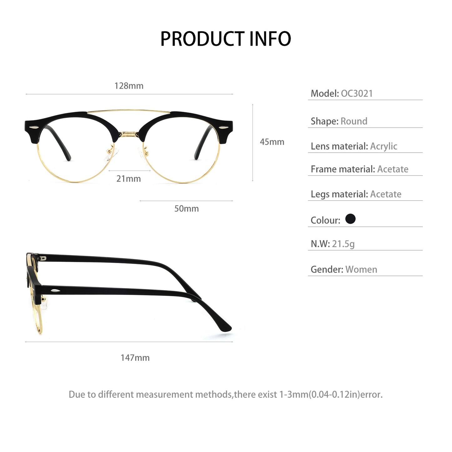 Women Fashion  Aviator Fashion Prescription Eyeglasses Frame Black Gold